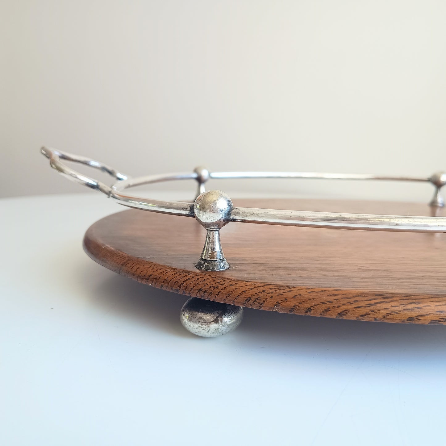 Antique Victorian Oak Silver Plate Ships Style Tray: Ball & Rail Gallery, Bun Feet