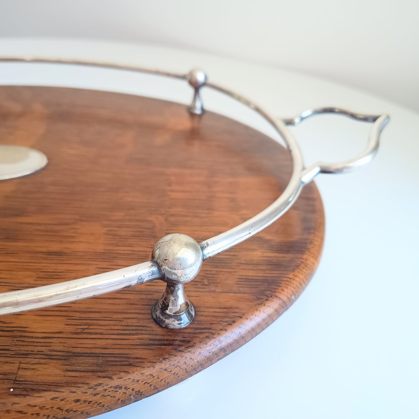 Antique Victorian Oak Silver Plate Ships Style Tray: Ball & Rail Gallery, Bun Feet