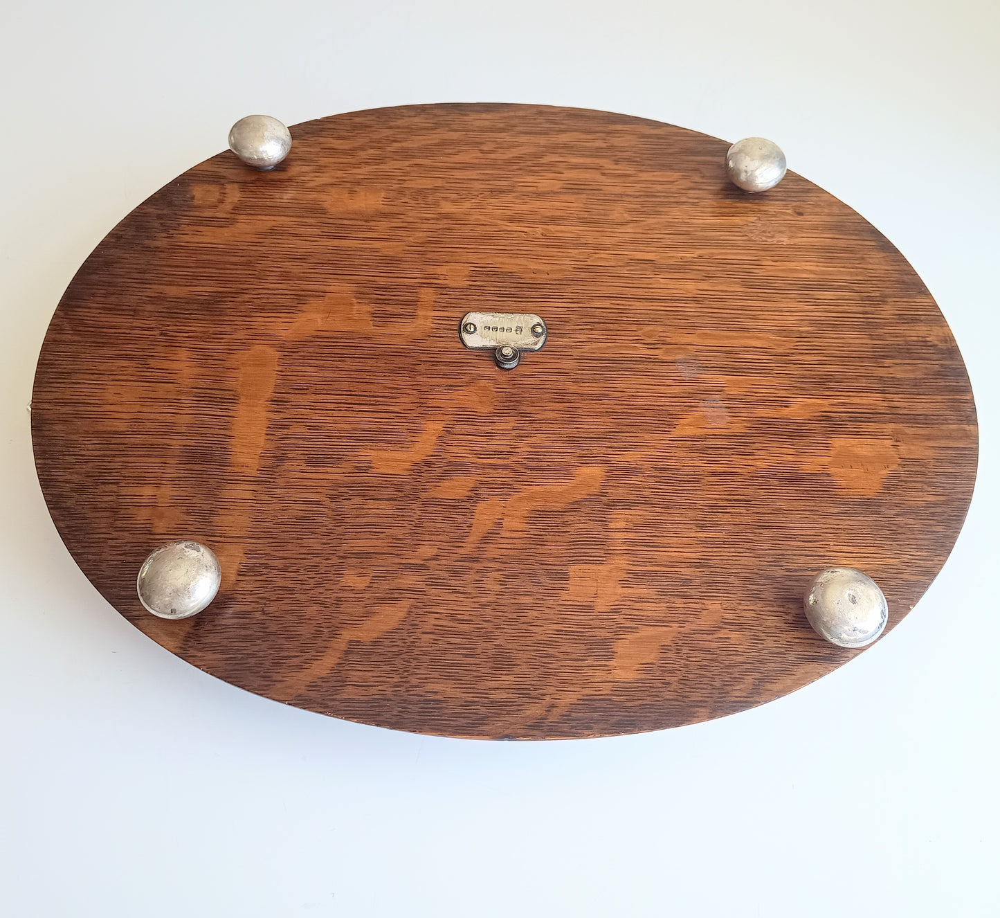 Antique Victorian Oak Silver Plate Ships Style Tray: Ball & Rail Gallery, Bun Feet