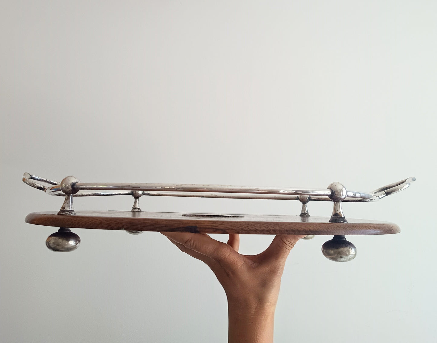Antique Victorian Oak Silver Plate Ships Style Tray: Ball & Rail Gallery, Bun Feet