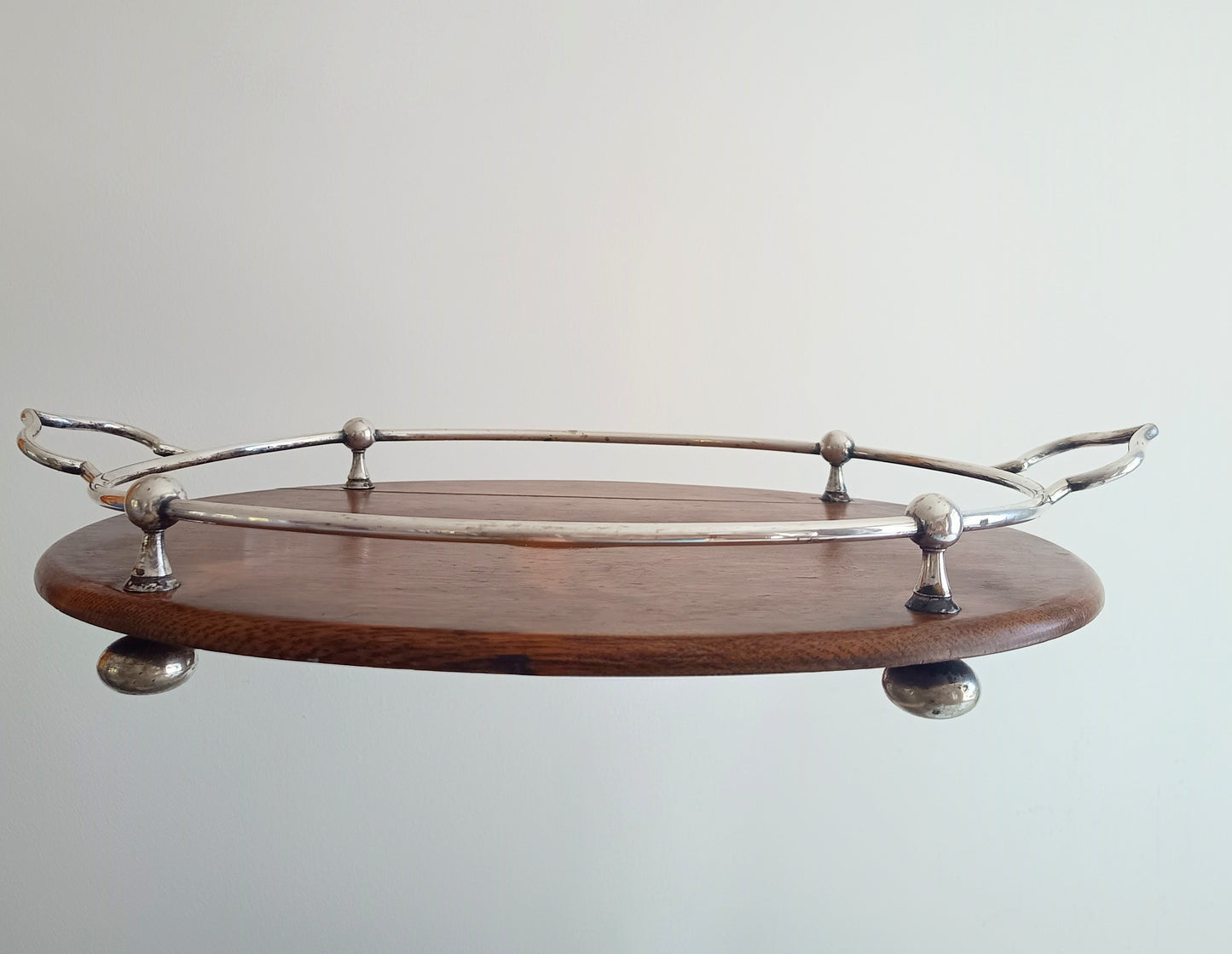 Antique Victorian Oak Silver Plate Ships Style Tray: Ball & Rail Gallery, Bun Feet