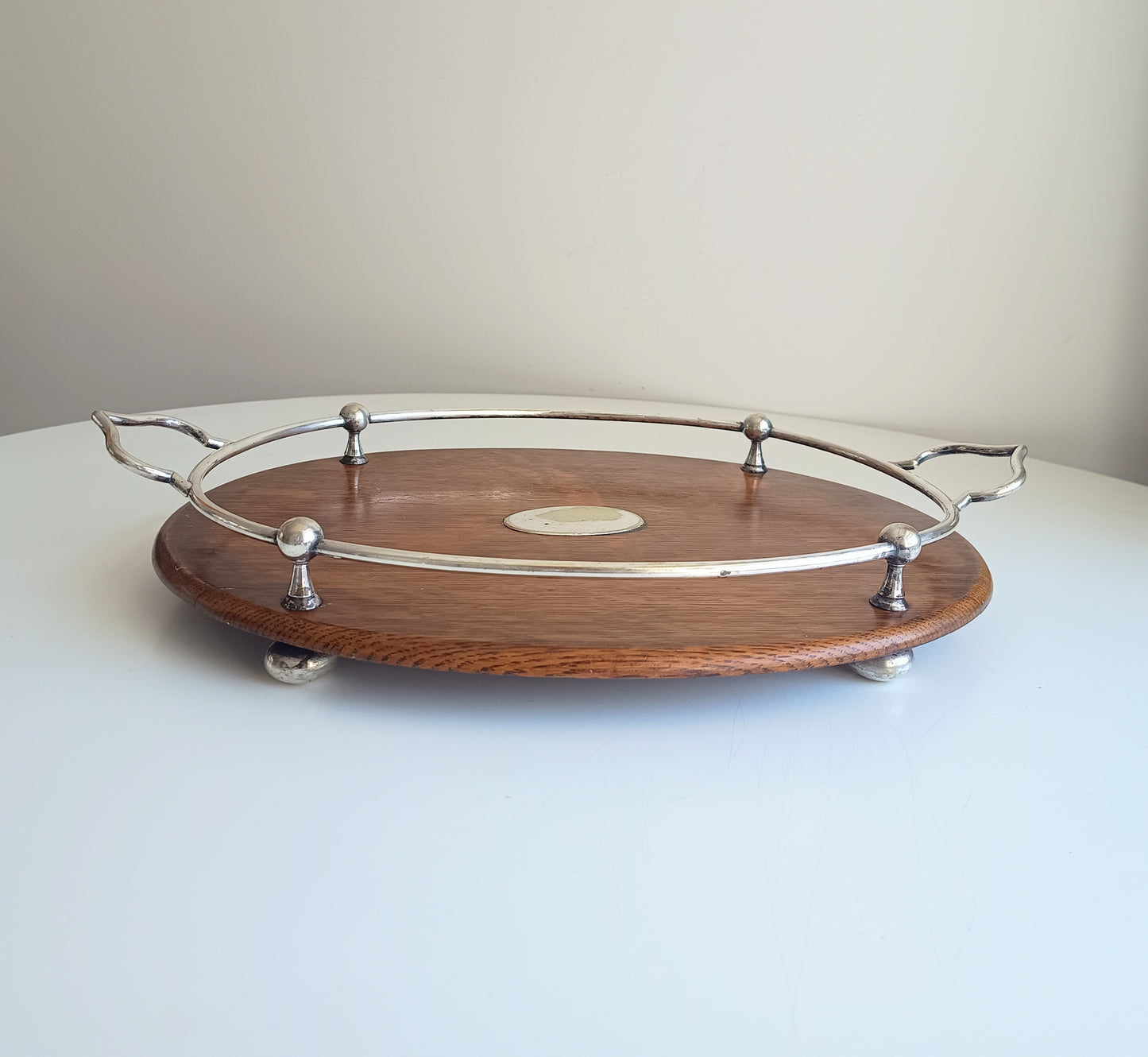 Antique Victorian Oak Silver Plate Ships Style Tray: Ball & Rail Gallery, Bun Feet