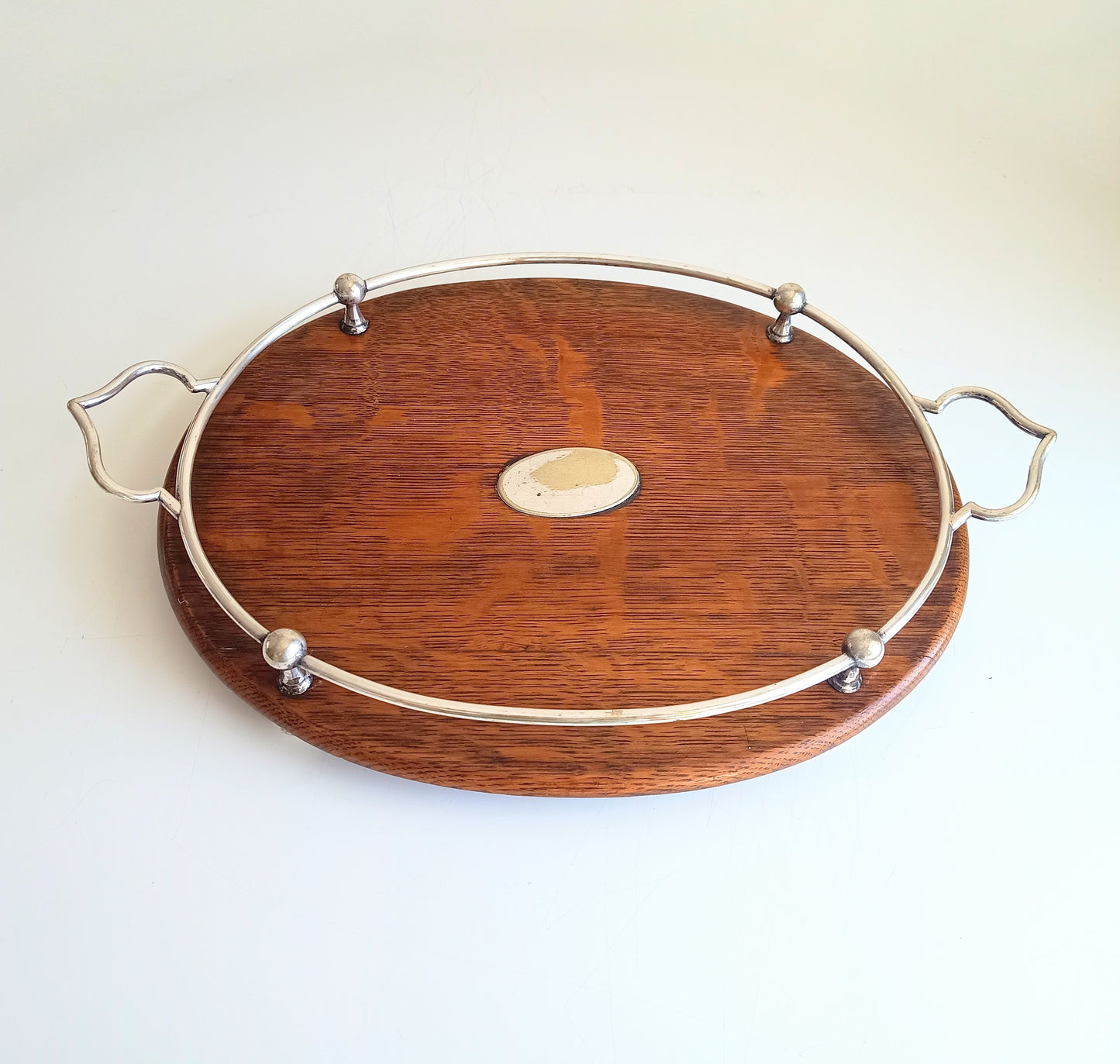 Antique Victorian Oak Silver Plate Ships Style Tray: Ball & Rail Gallery, Bun Feet
