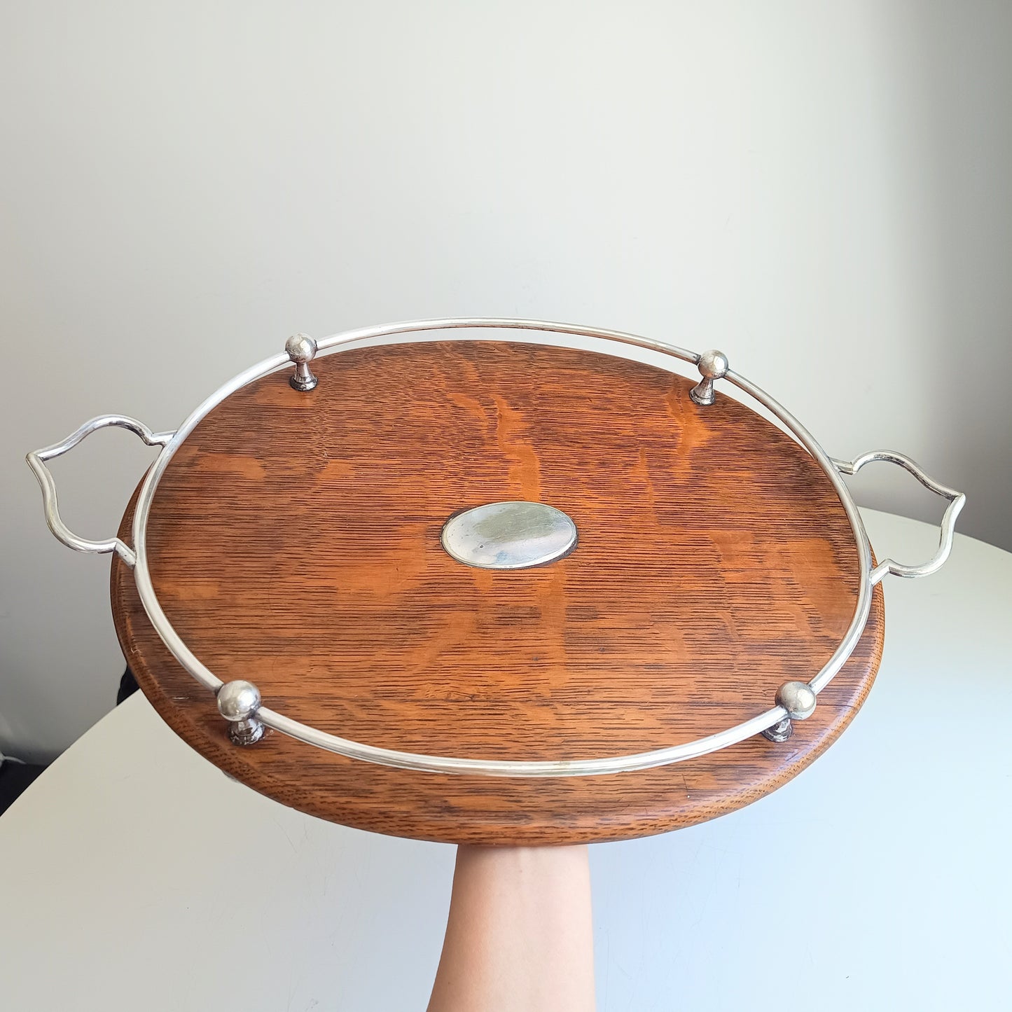 Antique Victorian Oak Silver Plate Ships Style Tray: Ball & Rail Gallery, Bun Feet