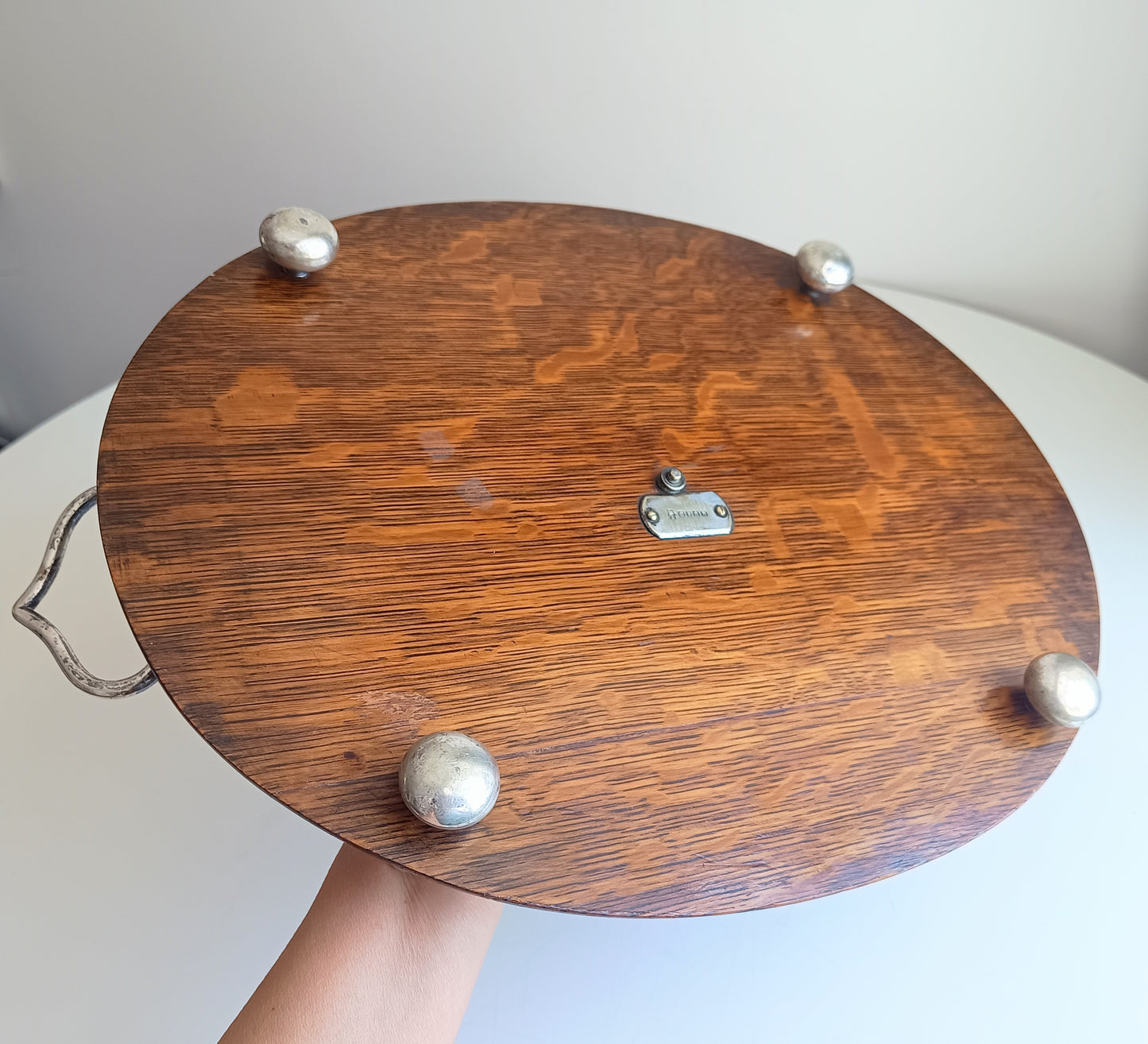 Antique Victorian Oak Silver Plate Ships Style Tray: Ball & Rail Gallery, Bun Feet