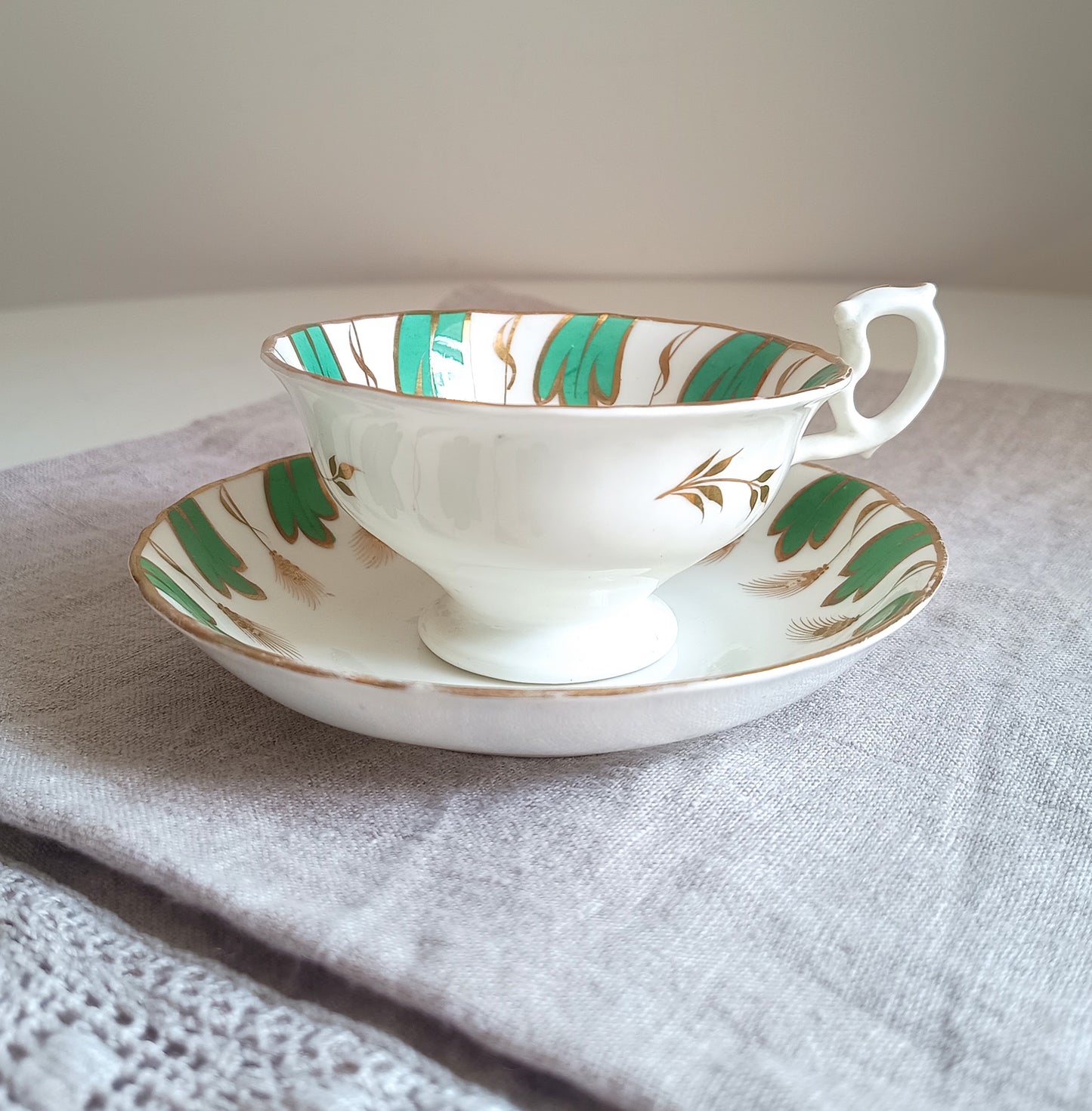 Antique Regency Samuel Alcock Tea Cup and Saucer, Pattern 601, Jade Green & Gold Wheat, Rococo Revival 1830s