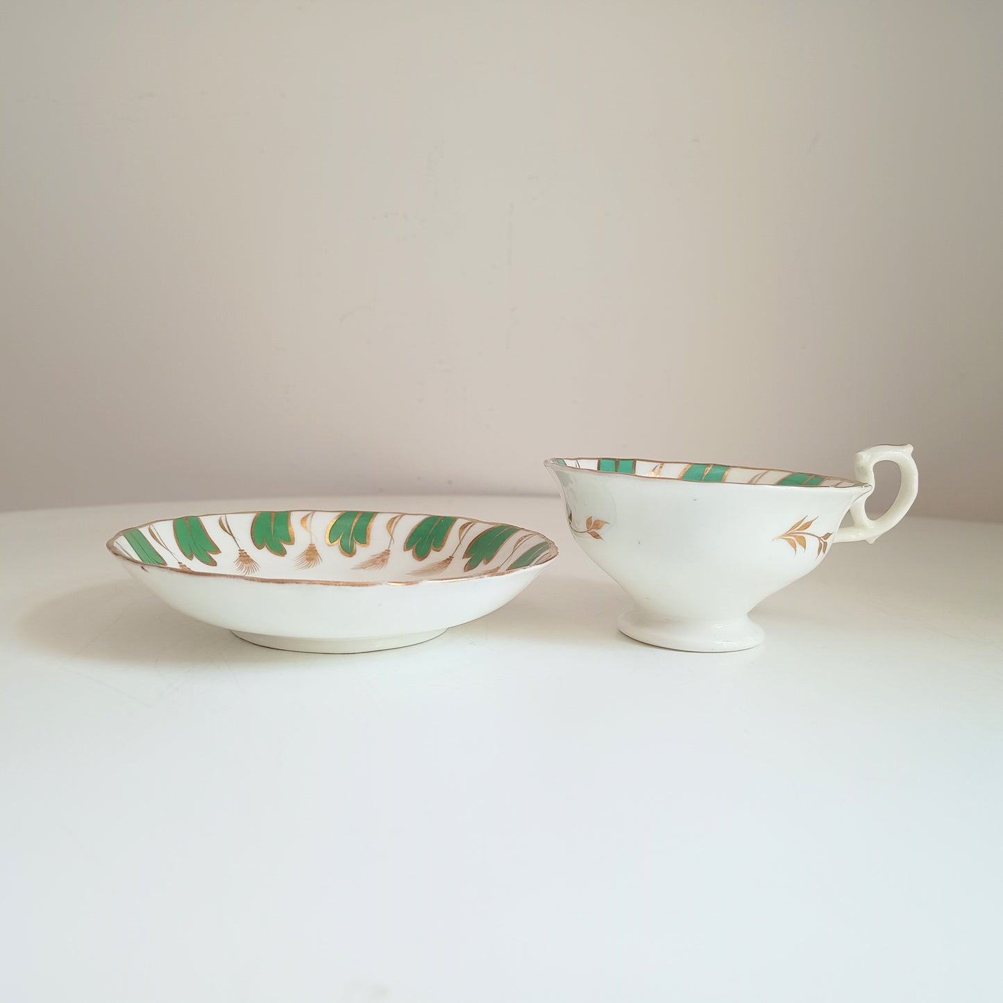 Antique Regency Samuel Alcock Tea Cup and Saucer, Pattern 601, Jade Green & Gold Wheat, Rococo Revival 1830s