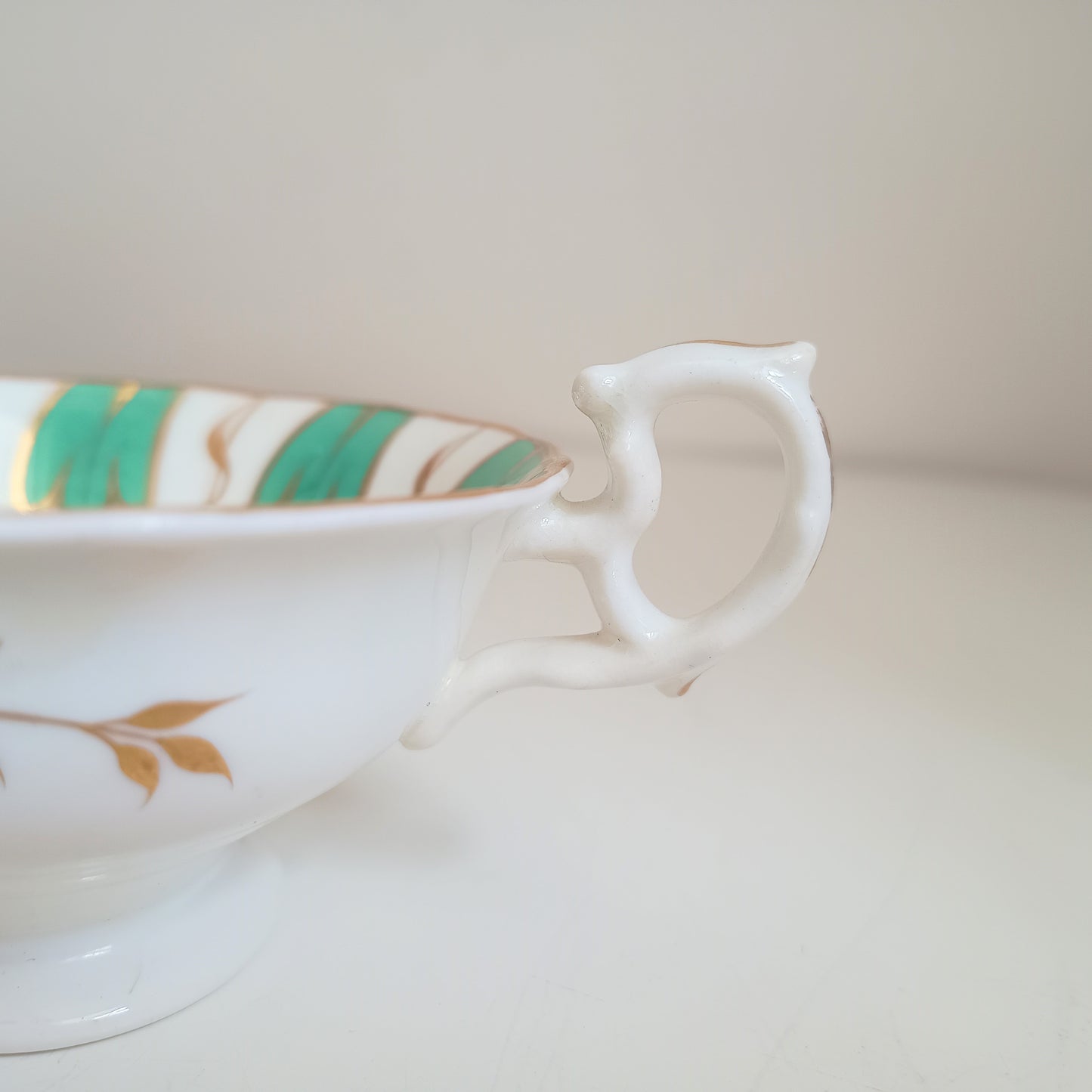 Antique Regency Samuel Alcock Tea Cup and Saucer, Pattern 601, Jade Green & Gold Wheat, Rococo Revival 1830s