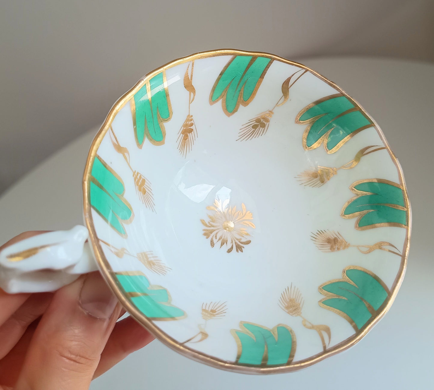 Antique Regency Samuel Alcock Tea Cup and Saucer, Pattern 601, Jade Green & Gold Wheat, Rococo Revival 1830s