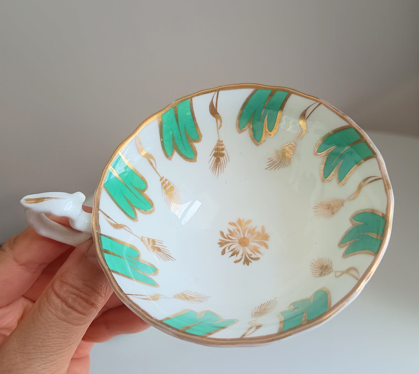 Antique Regency Samuel Alcock Tea Cup and Saucer, Pattern 601, Jade Green & Gold Wheat, Rococo Revival 1830s