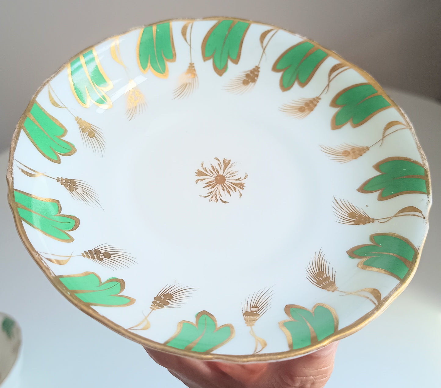 Antique Regency Samuel Alcock Tea Cup and Saucer, Pattern 601, Jade Green & Gold Wheat, Rococo Revival 1830s