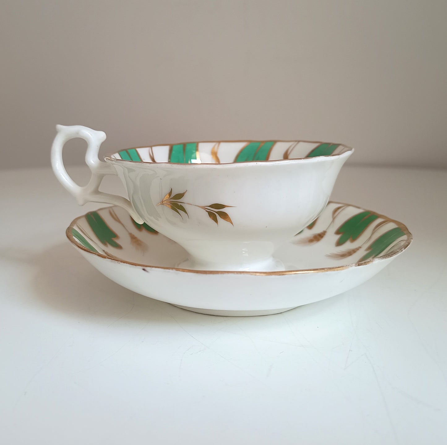 Antique Regency Samuel Alcock Tea Cup and Saucer, Pattern 601, Jade Green & Gold Wheat, Rococo Revival 1830s