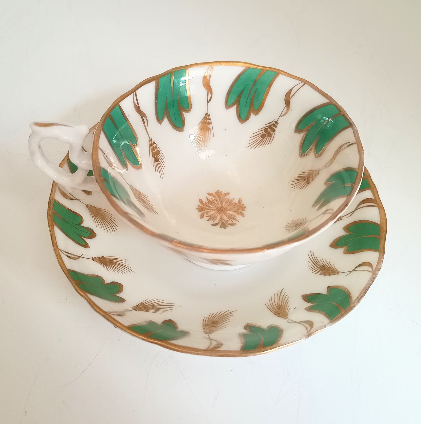 Antique Regency Samuel Alcock Tea Cup and Saucer, Pattern 601, Jade Green & Gold Wheat, Rococo Revival 1830s