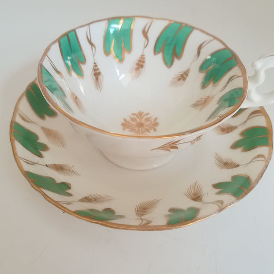 Antique Regency Samuel Alcock Tea Cup and Saucer, Pattern 601, Jade Green & Gold Wheat, Rococo Revival 1830s