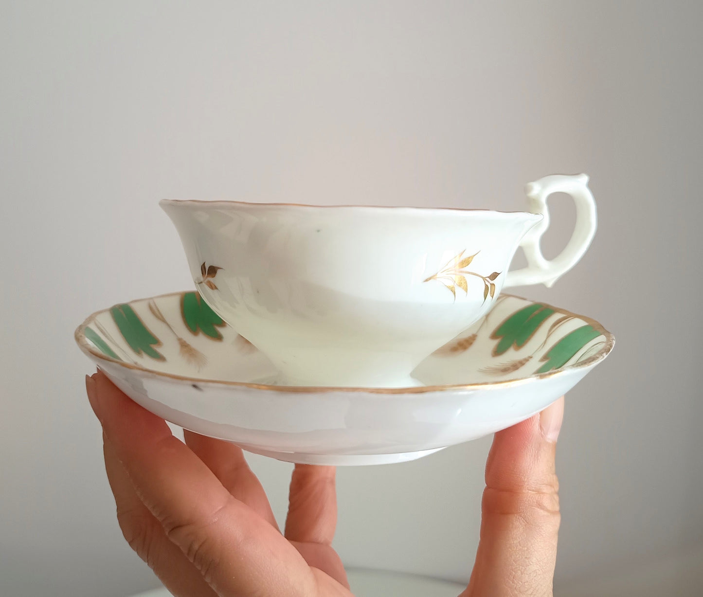 Antique Regency Samuel Alcock Tea Cup and Saucer, Pattern 601, Jade Green & Gold Wheat, Rococo Revival 1830s