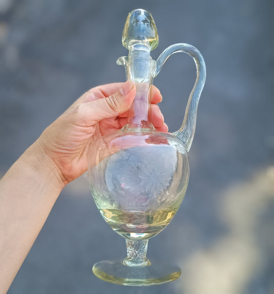 Late Victorian English Claret Jug: Stourbridge, Reeded Handle, Twisted Stem, Daisy Engraving