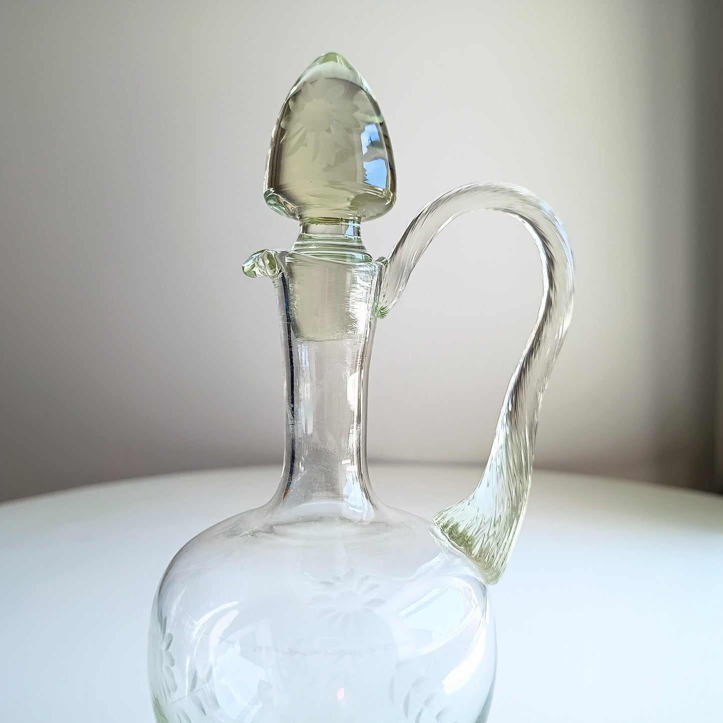 Late Victorian English Claret Jug: Stourbridge, Reeded Handle, Twisted Stem, Daisy Engraving