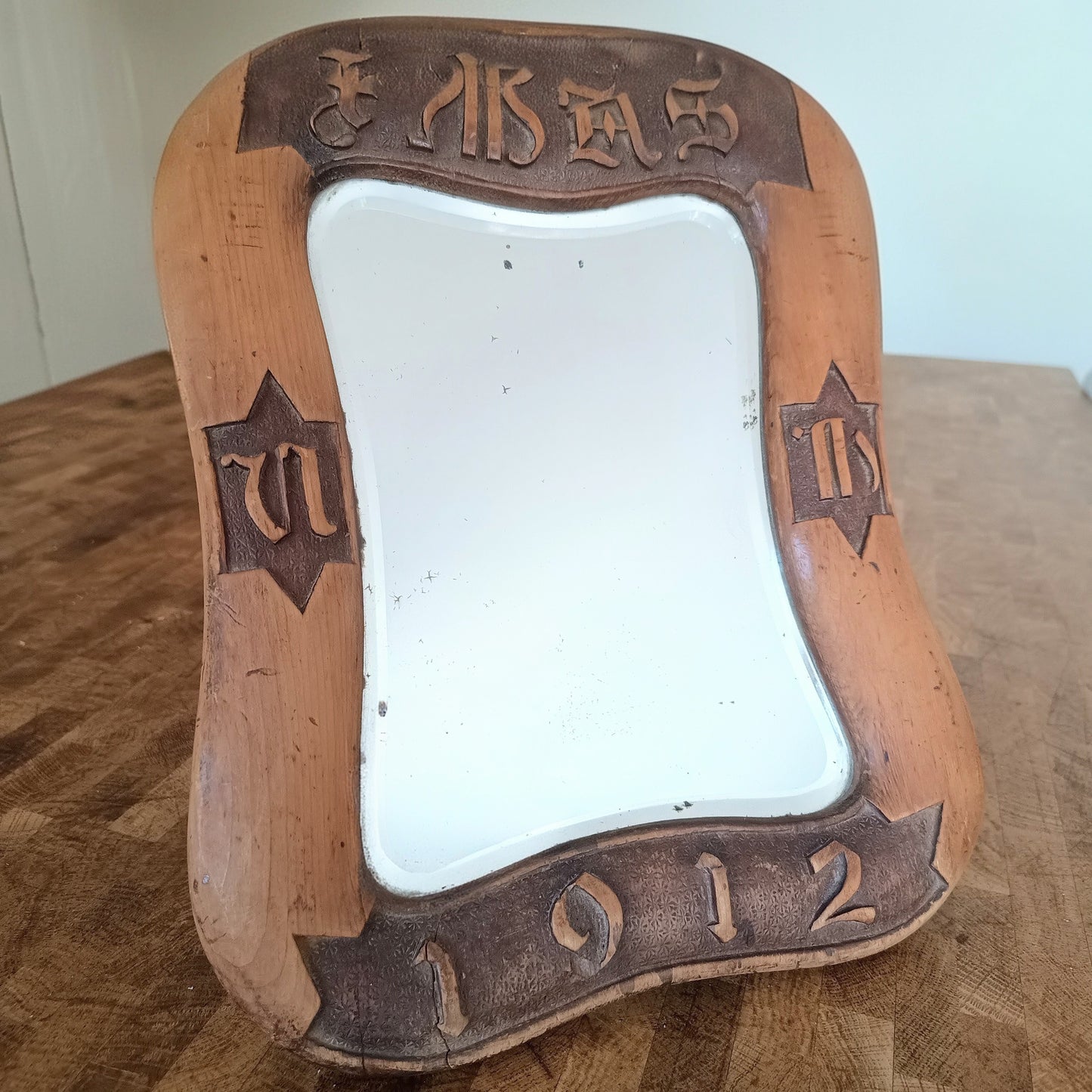 Antique English Arts & Crafts Table Mirror: Dated 1912, Carved Inscription, Cotswolds School