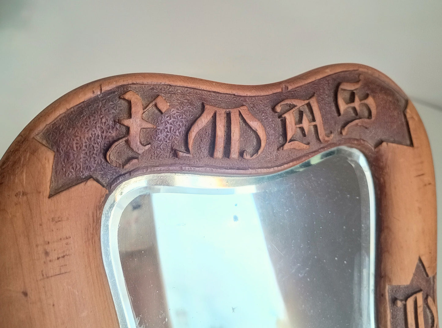 Antique English Arts & Crafts Table Mirror: Dated 1912, Carved Inscription, Cotswolds School