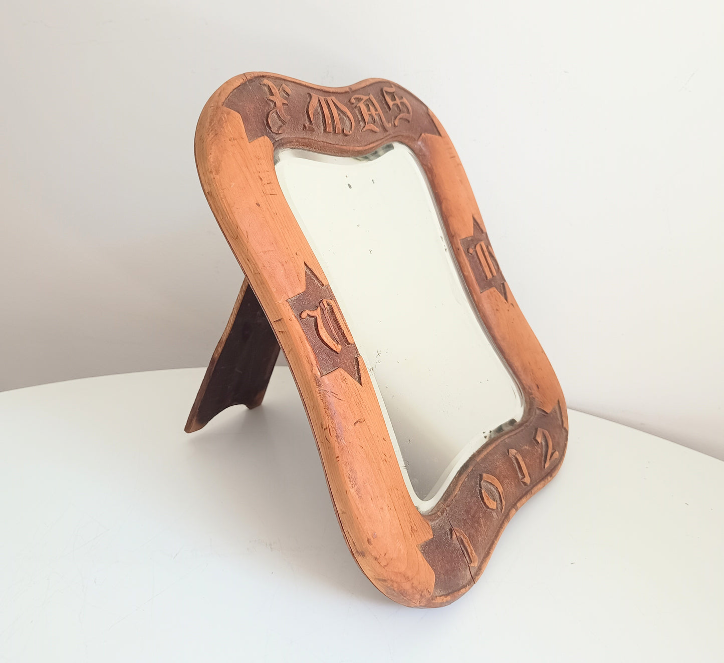 Antique English Arts & Crafts Table Mirror: Dated 1912, Carved Inscription, Cotswolds School