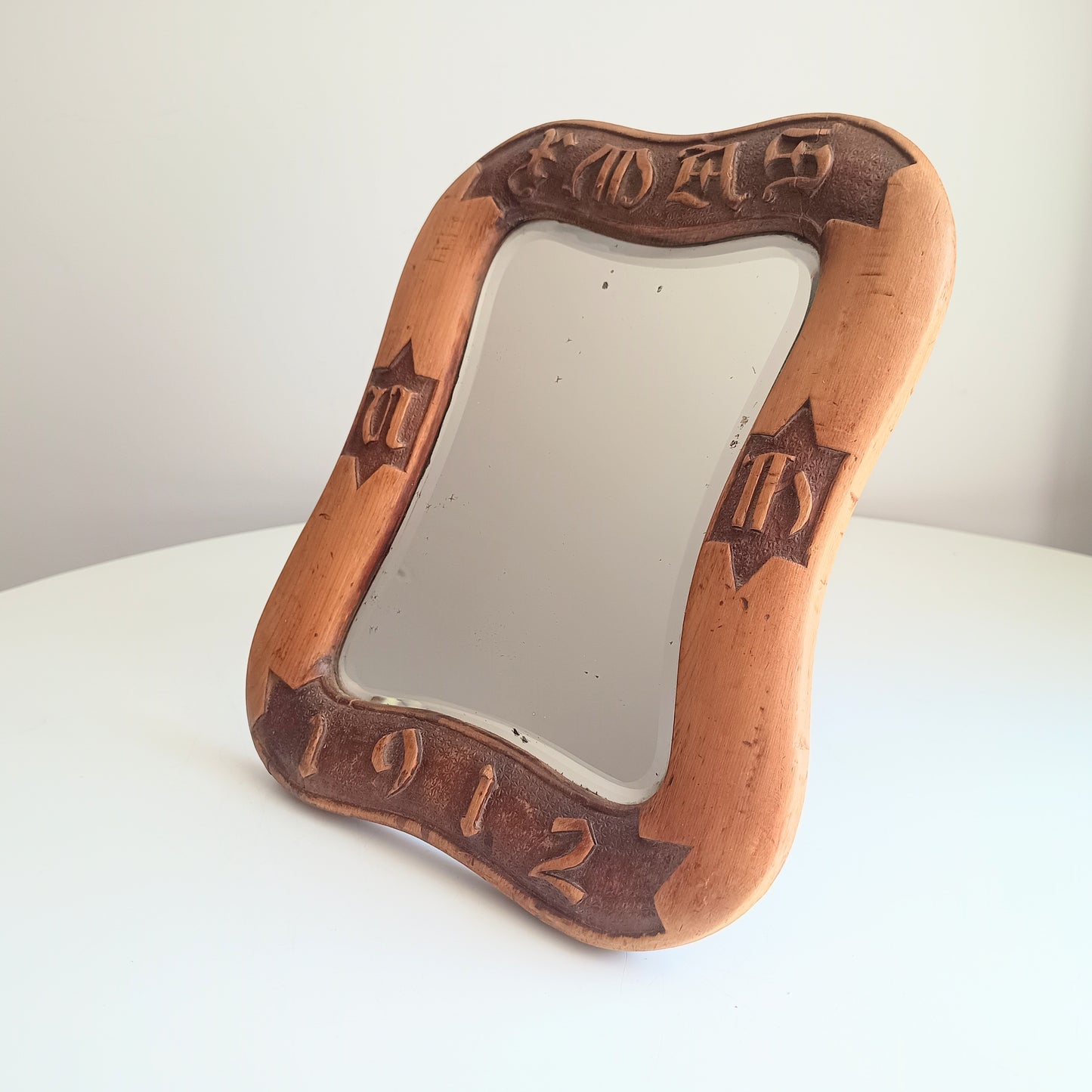 Antique English Arts & Crafts Table Mirror: Dated 1912, Carved Inscription, Cotswolds School