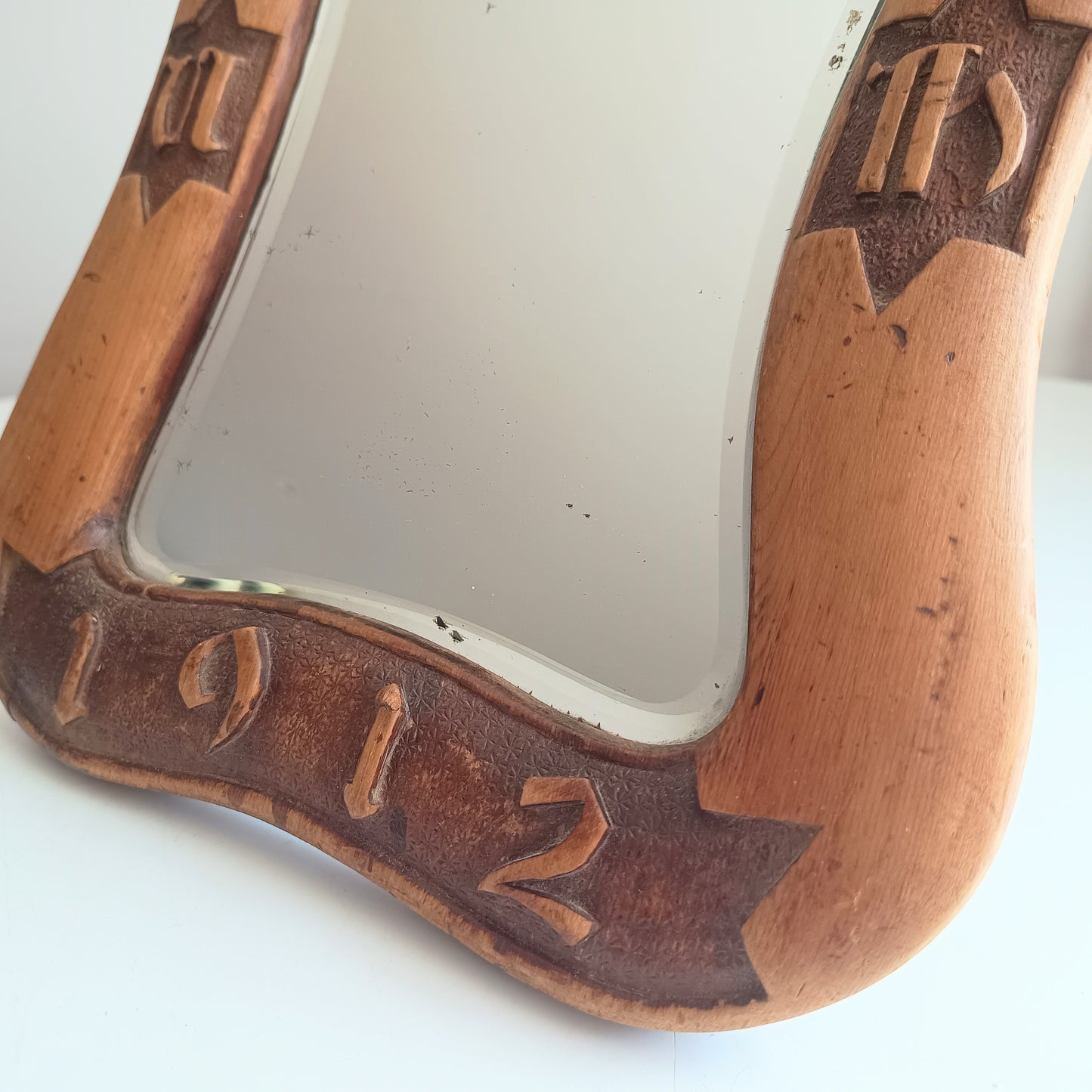 Antique English Arts & Crafts Table Mirror: Dated 1912, Carved Inscription, Cotswolds School