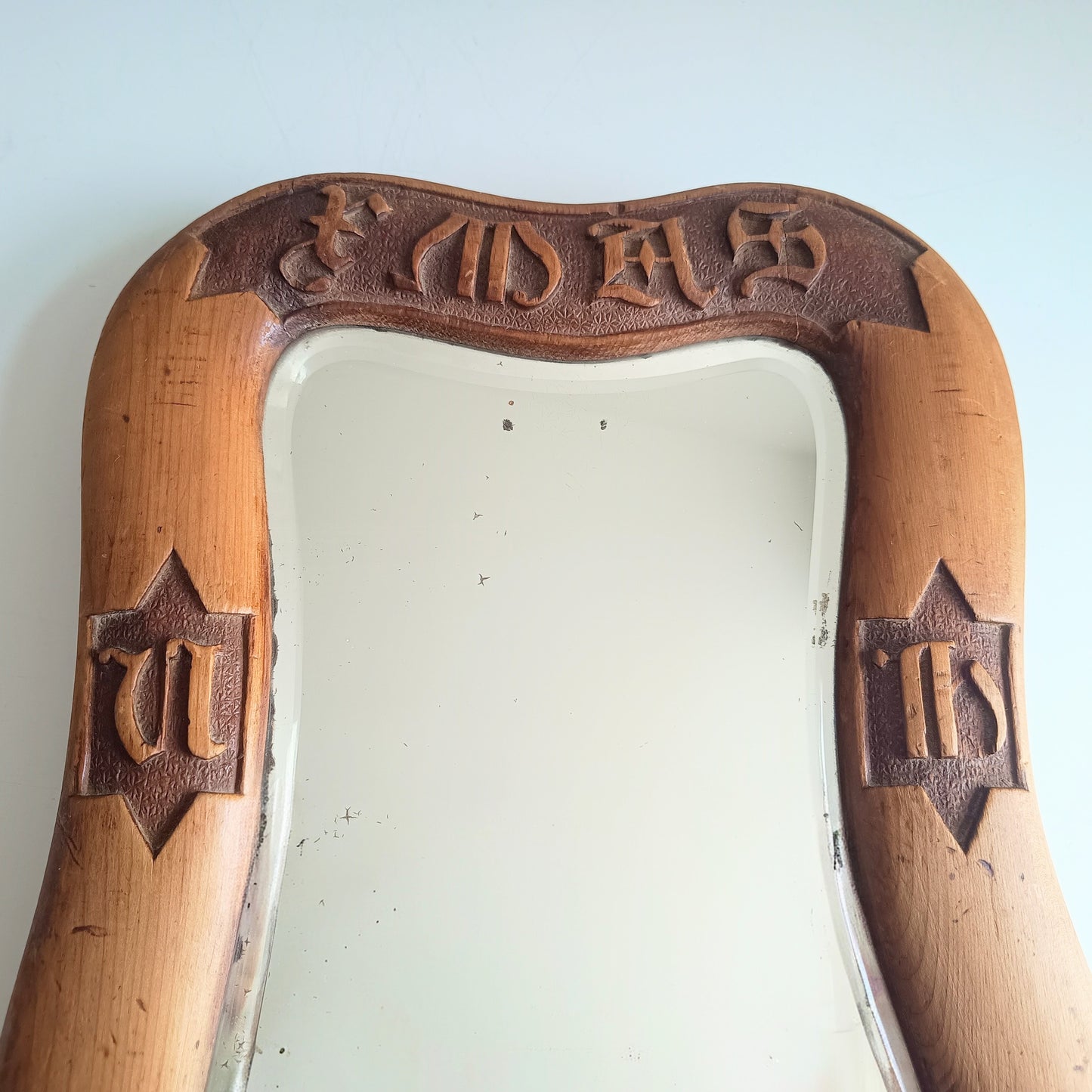 Antique English Arts & Crafts Table Mirror: Dated 1912, Carved Inscription, Cotswolds School
