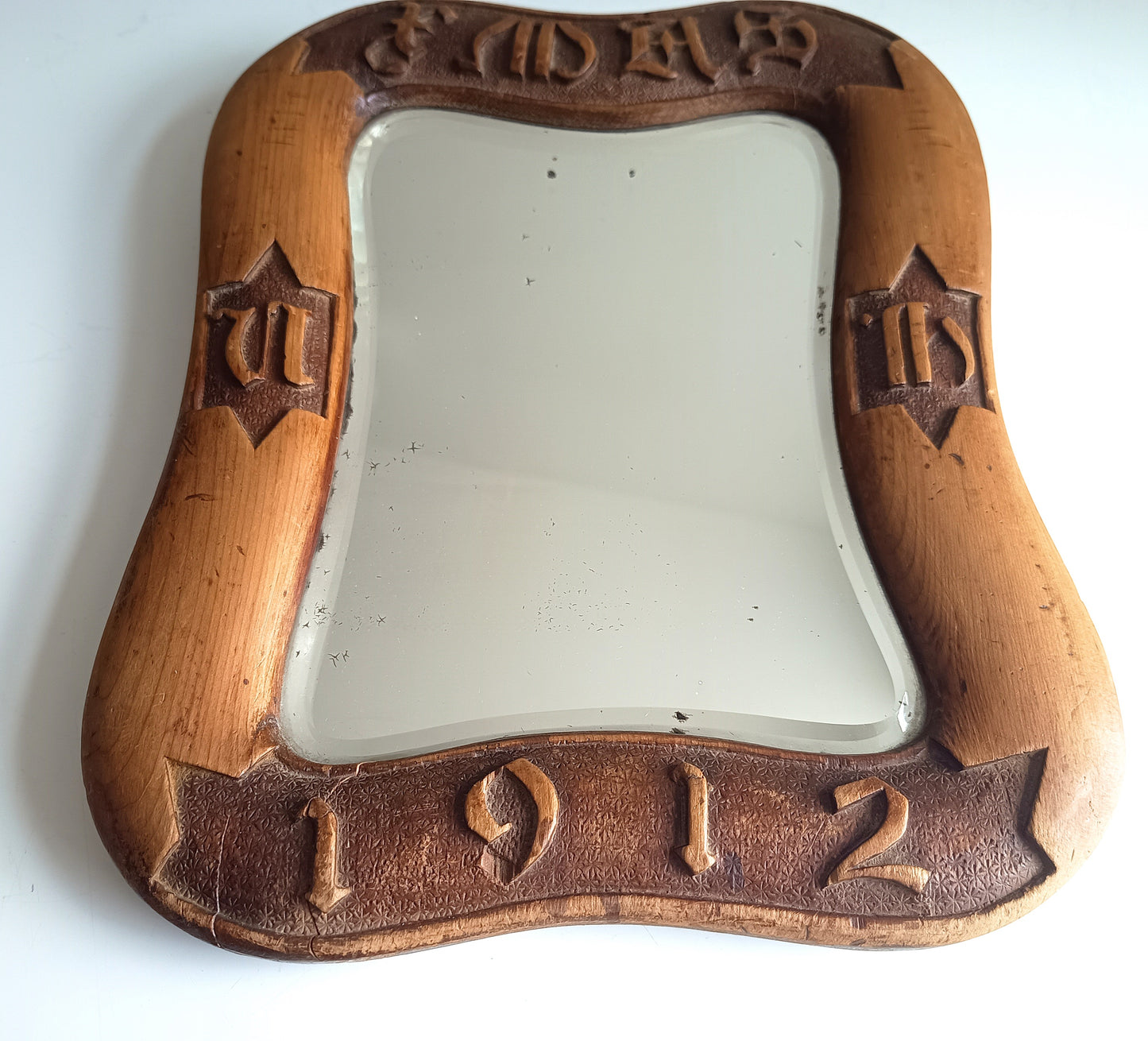 Antique English Arts & Crafts Table Mirror: Dated 1912, Carved Inscription, Cotswolds School