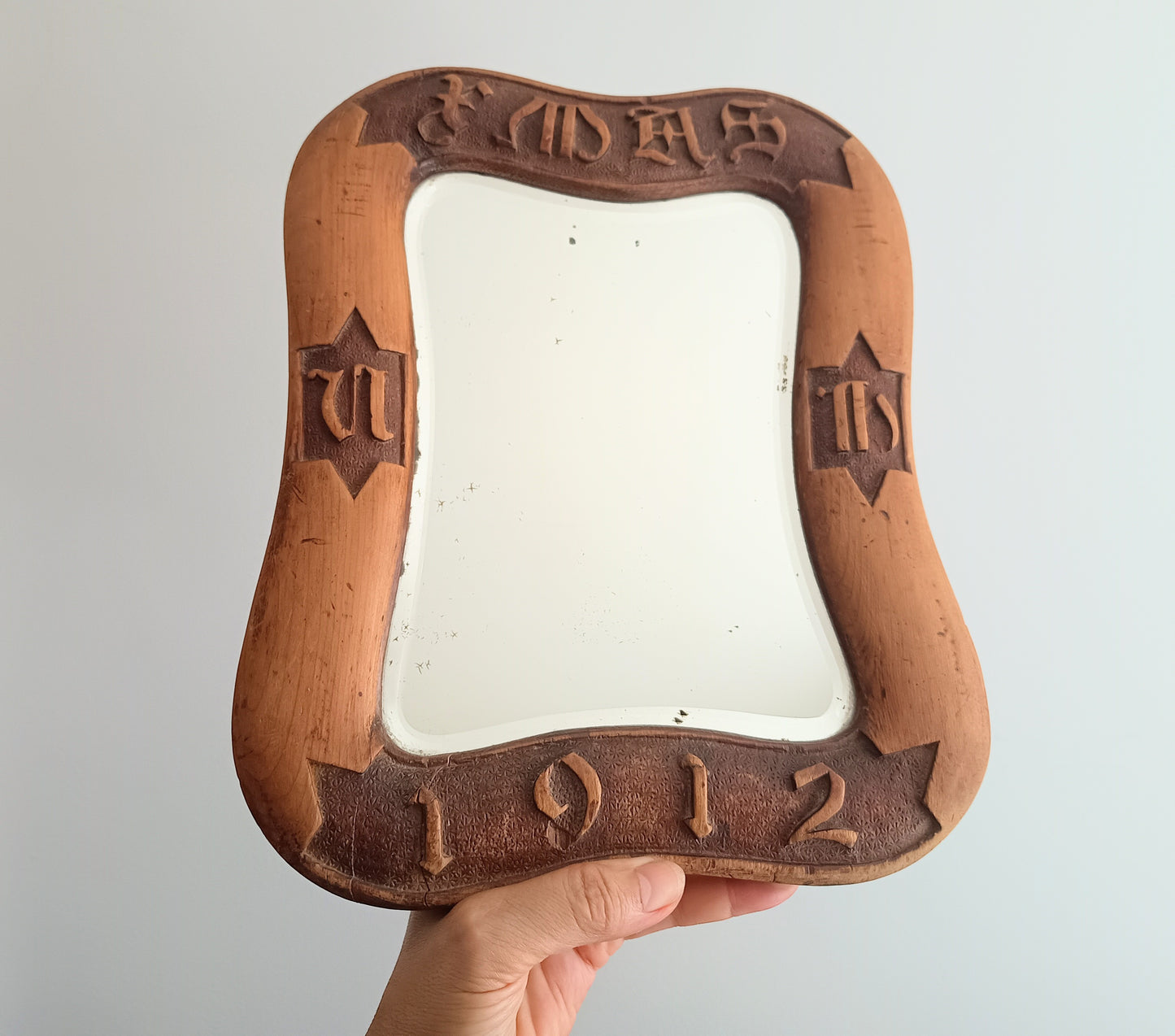 Antique English Arts & Crafts Table Mirror: Dated 1912, Carved Inscription, Cotswolds School