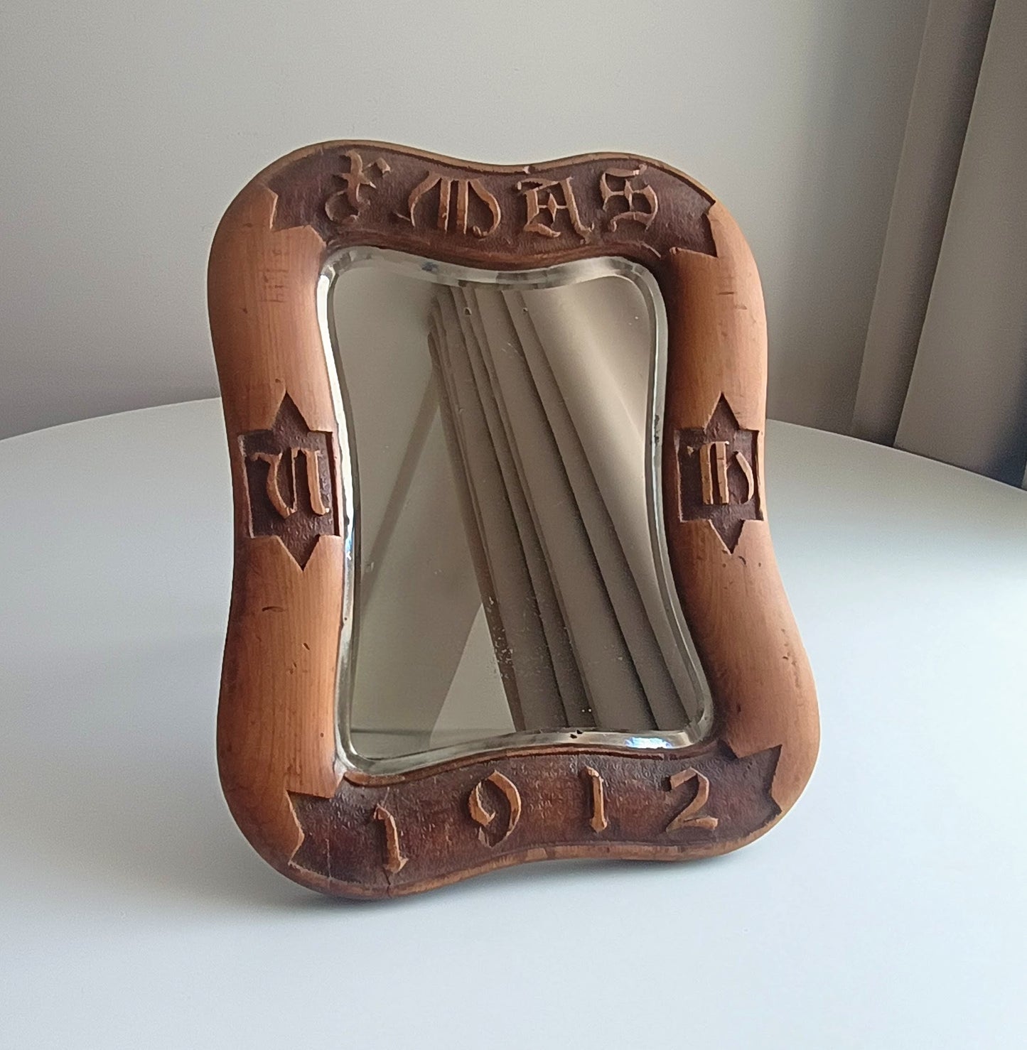 Antique English Arts & Crafts Table Mirror: Dated 1912, Carved Inscription, Cotswolds School