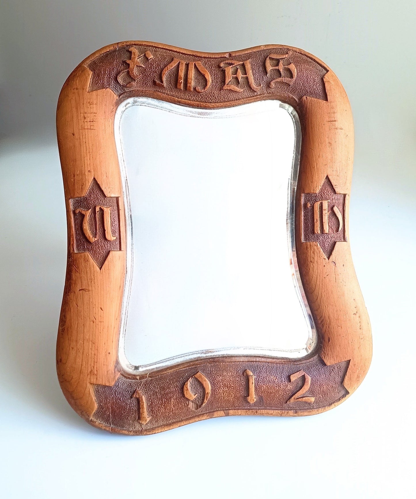 Antique English Arts & Crafts Table Mirror: Dated 1912, Carved Inscription, Cotswolds School