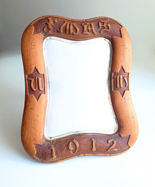 Antique English Arts & Crafts Table Mirror: Dated 1912, Carved Inscription, Cotswolds School