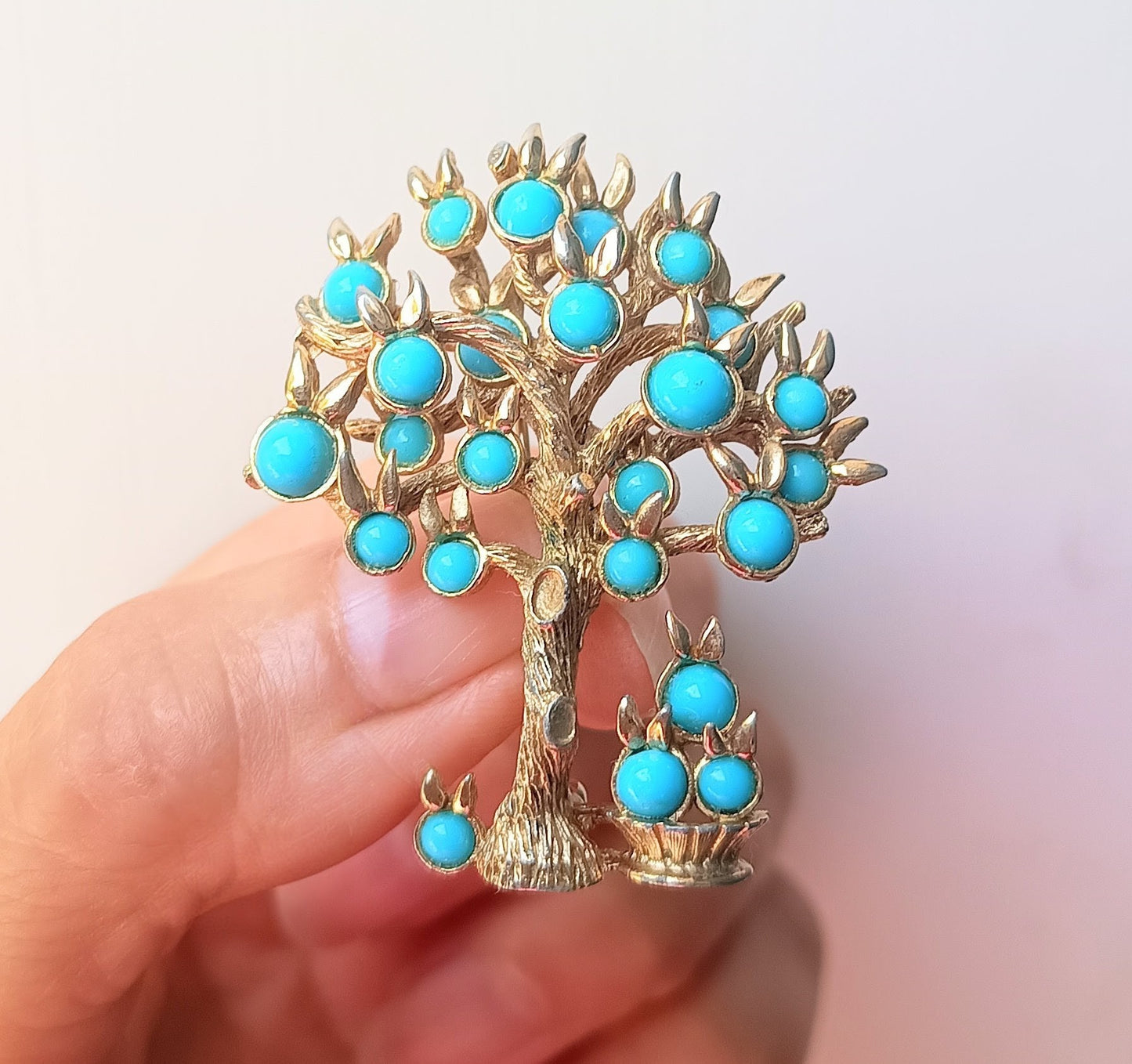 Marcel Boucher - Authentic Signed Fruit Tree Brooch, Springtime in Paris, Turquoise Cabochons