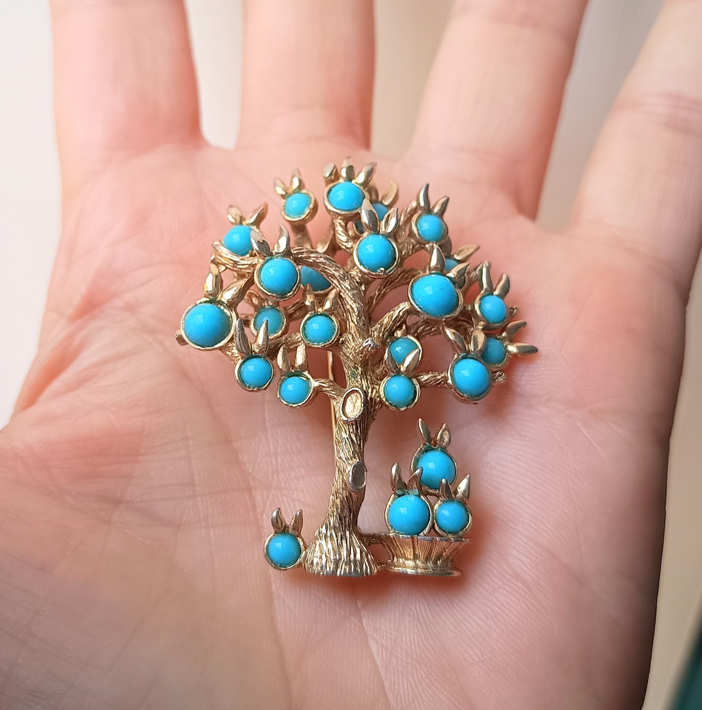 Marcel Boucher - Authentic Signed Fruit Tree Brooch, Springtime in Paris, Turquoise Cabochons