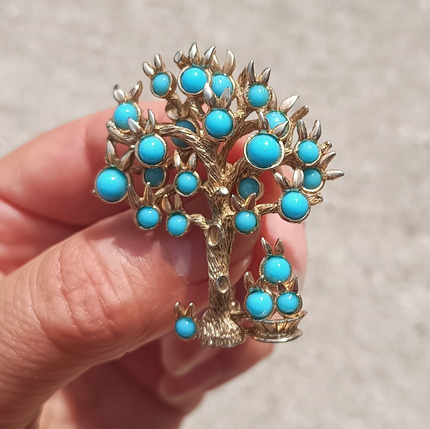 Marcel Boucher - Authentic Signed Fruit Tree Brooch, Springtime in Paris, Turquoise Cabochons