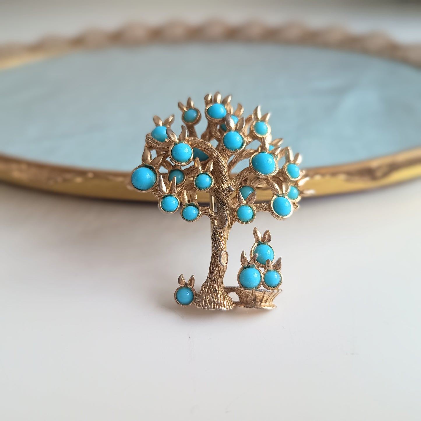 Marcel Boucher - Authentic Signed Fruit Tree Brooch, Springtime in Paris, Turquoise Cabochons