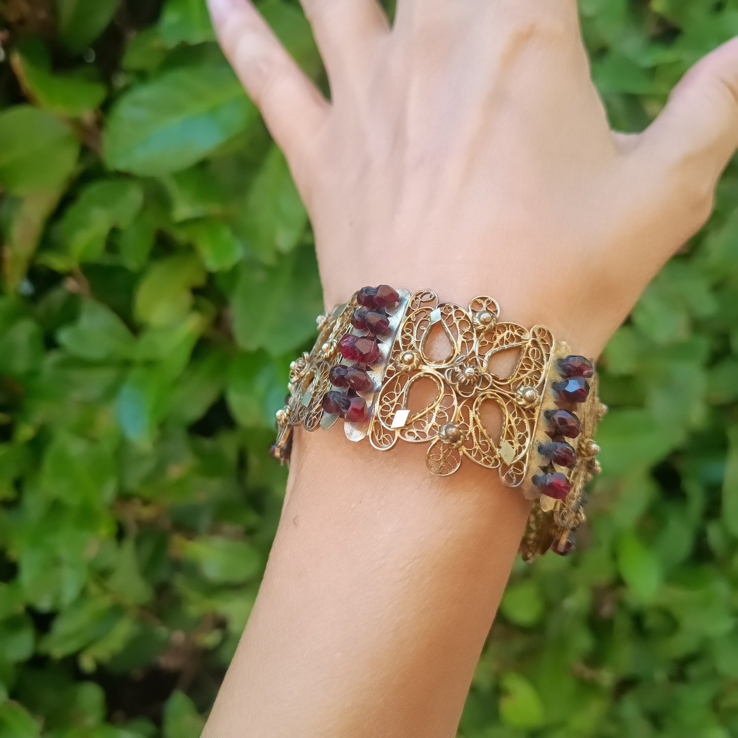 Antique 19thc Swiss Nidwalden Silver Filigree Pyrope Garnet Halbatti Bracelet: Alpine Folk ArtAuthentic 19th-century Swiss "Halbatti" panel bracelet from the Canton of Nidwalden. 

A rare example of regional alpine Trachtenschmuck (traditional folk costum