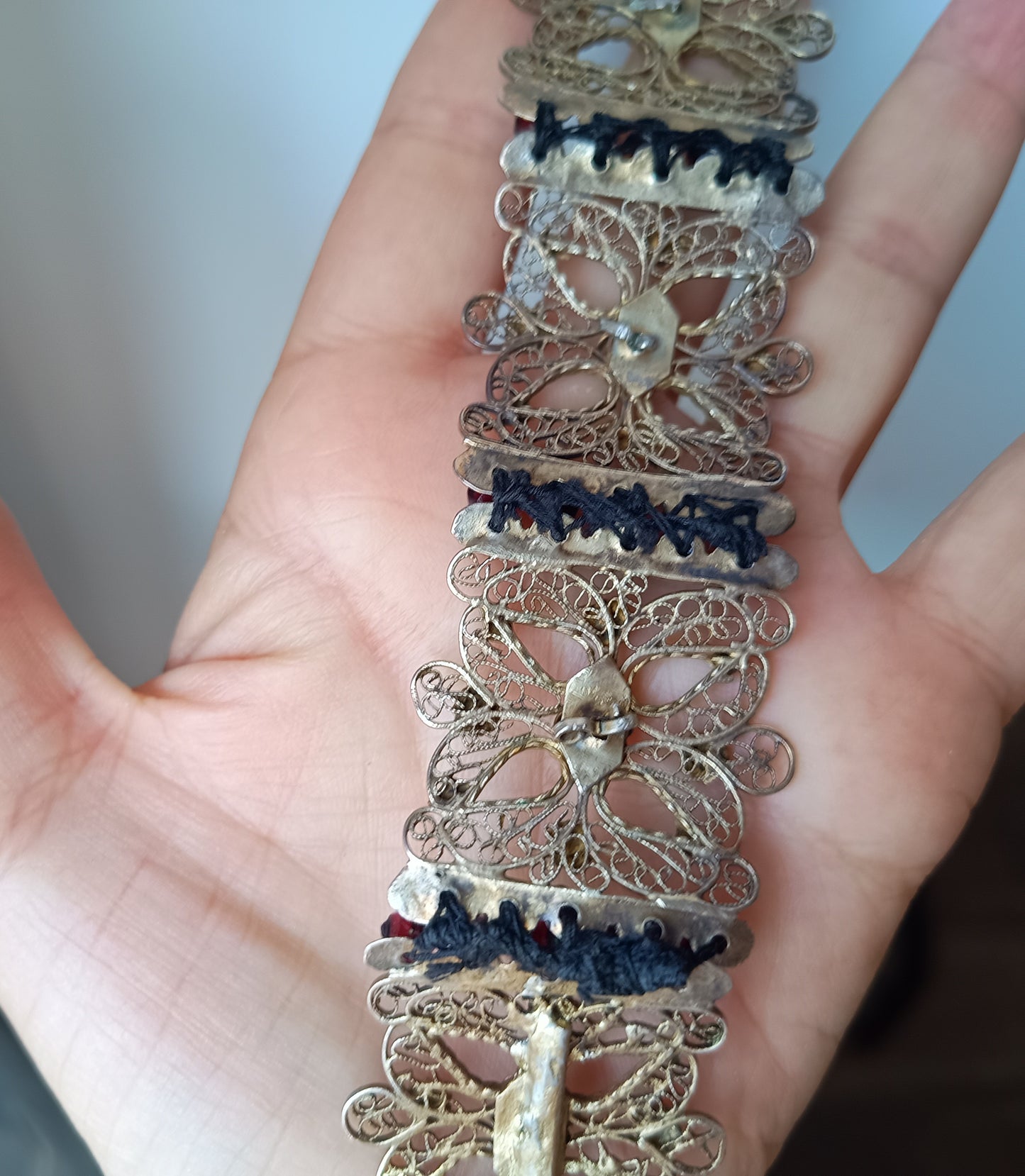 Antique 19thc Swiss Nidwalden Silver Filigree Pyrope Garnet Halbatti Bracelet: Alpine Folk ArtAuthentic 19th-century Swiss "Halbatti" panel bracelet from the Canton of Nidwalden. 

A rare example of regional alpine Trachtenschmuck (traditional folk costum