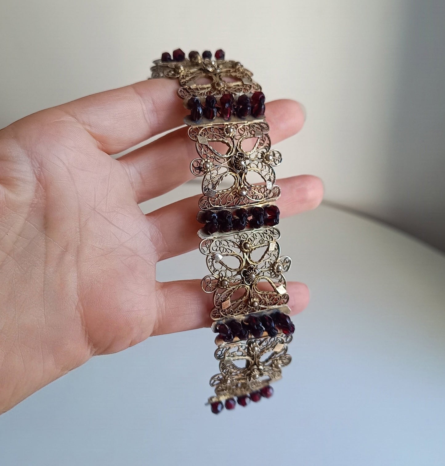 Antique 19thc Swiss Nidwalden Silver Filigree Pyrope Garnet Halbatti Bracelet: Alpine Folk ArtAuthentic 19th-century Swiss "Halbatti" panel bracelet from the Canton of Nidwalden. 

A rare example of regional alpine Trachtenschmuck (traditional folk costum