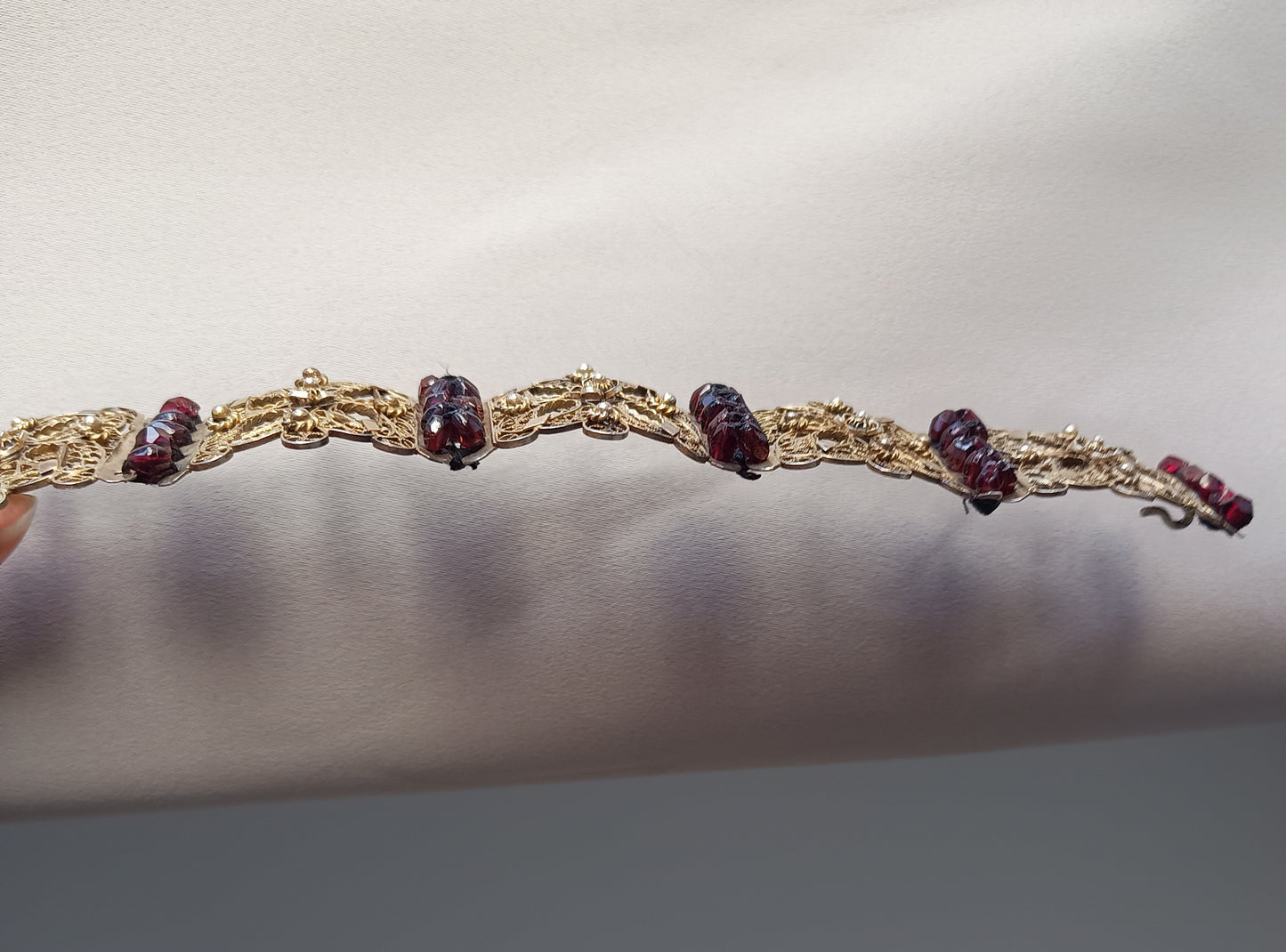 Antique 19thc Swiss Nidwalden Silver Filigree Pyrope Garnet Halbatti Bracelet: Alpine Folk ArtAuthentic 19th-century Swiss "Halbatti" panel bracelet from the Canton of Nidwalden. 

A rare example of regional alpine Trachtenschmuck (traditional folk costum