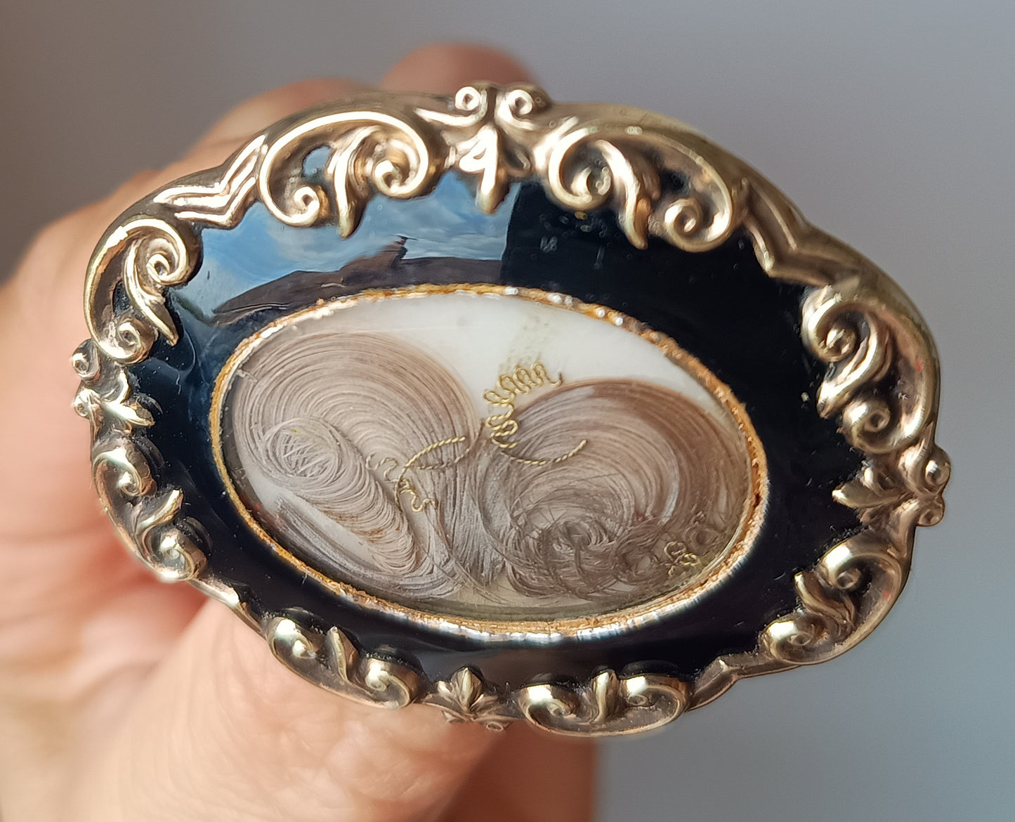 Authentic Victorian Gothic Mourning Brooch c.1860, Pinchbeck & Black Enamel Hairwork Locket