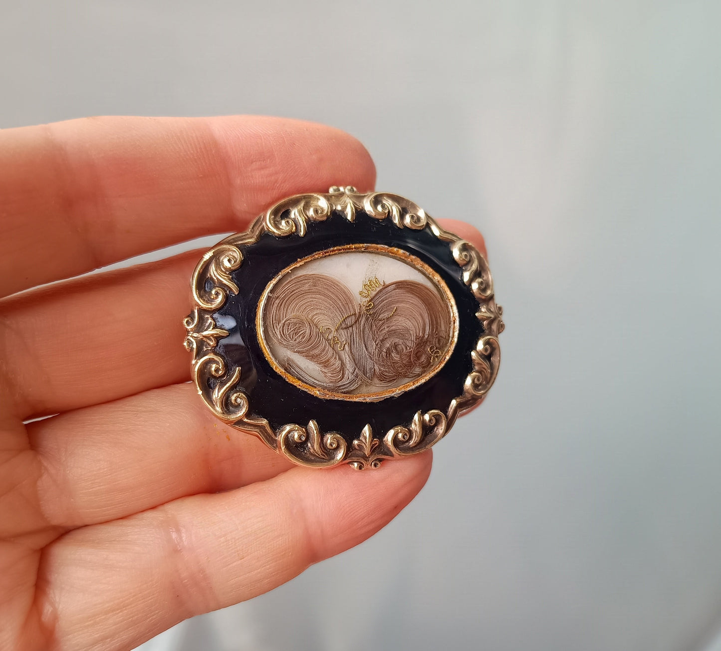 Authentic Victorian Gothic Mourning Brooch c.1860, Pinchbeck & Black Enamel Hairwork Locket