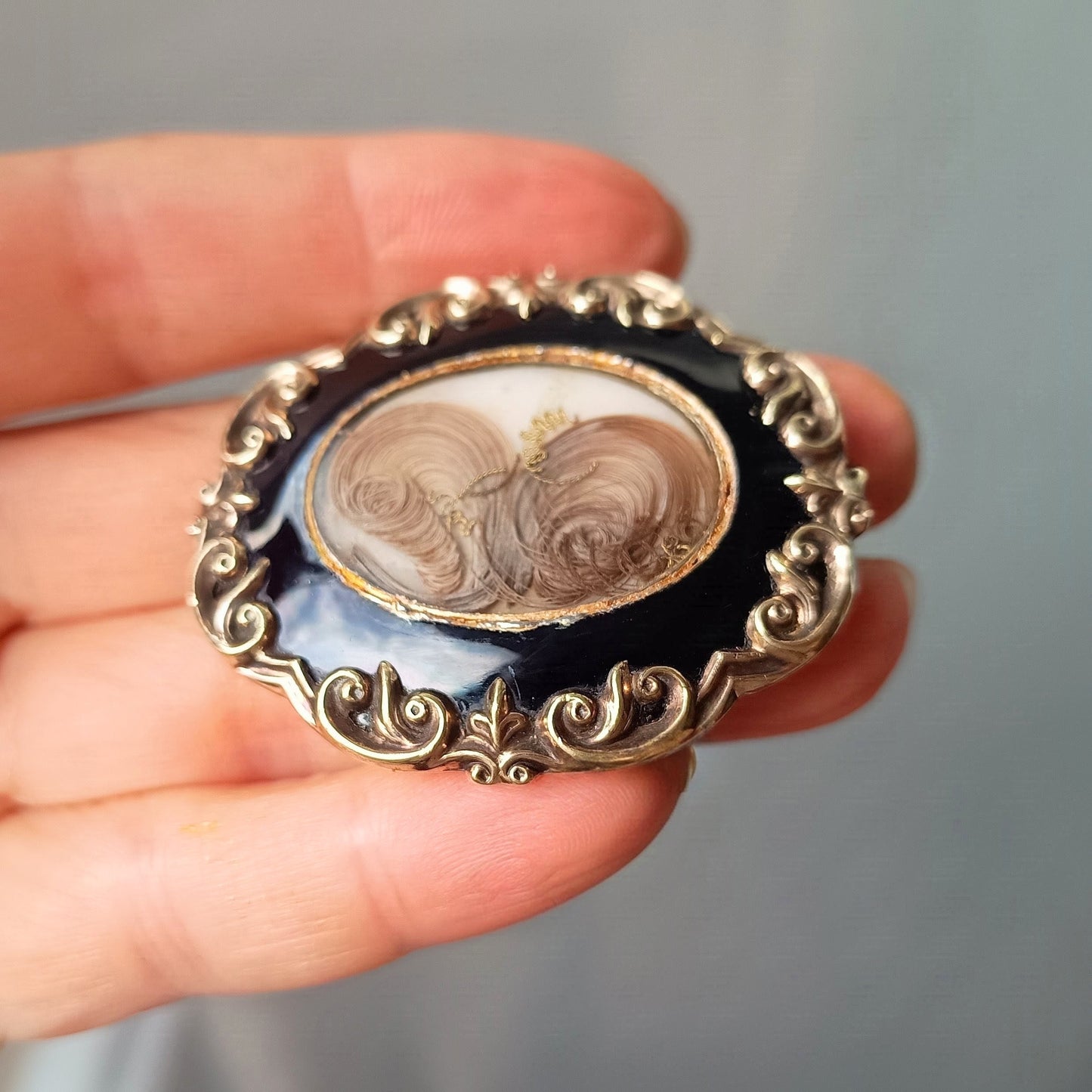 Authentic Victorian Gothic Mourning Brooch c.1860, Pinchbeck & Black Enamel Hairwork Locket