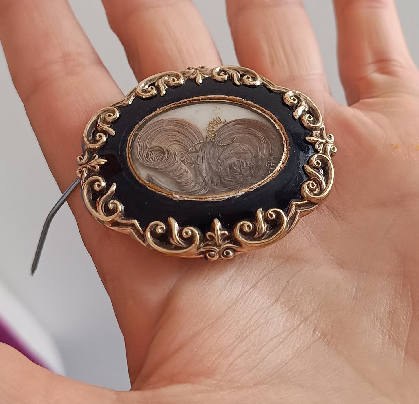 Authentic Victorian Gothic Mourning Brooch c.1860, Pinchbeck & Black Enamel Hairwork Locket