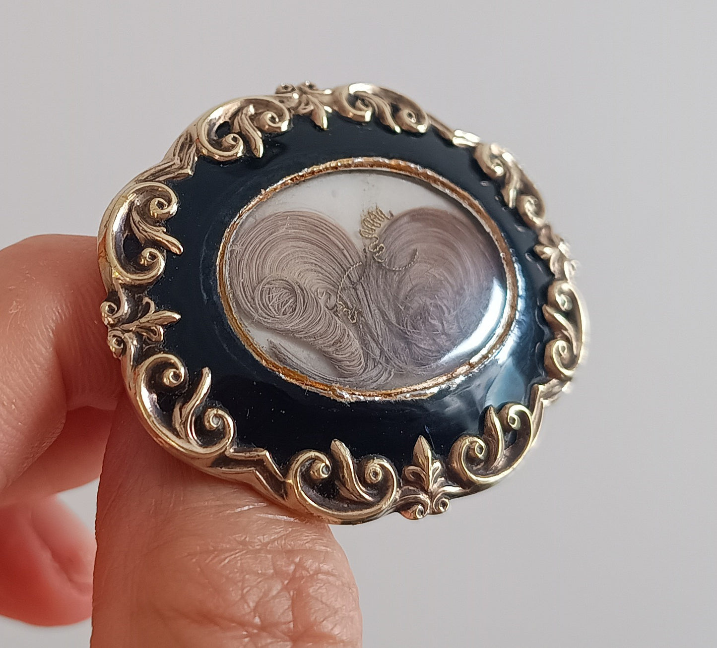 Authentic Victorian Gothic Mourning Brooch c.1860, Pinchbeck & Black Enamel Hairwork Locket