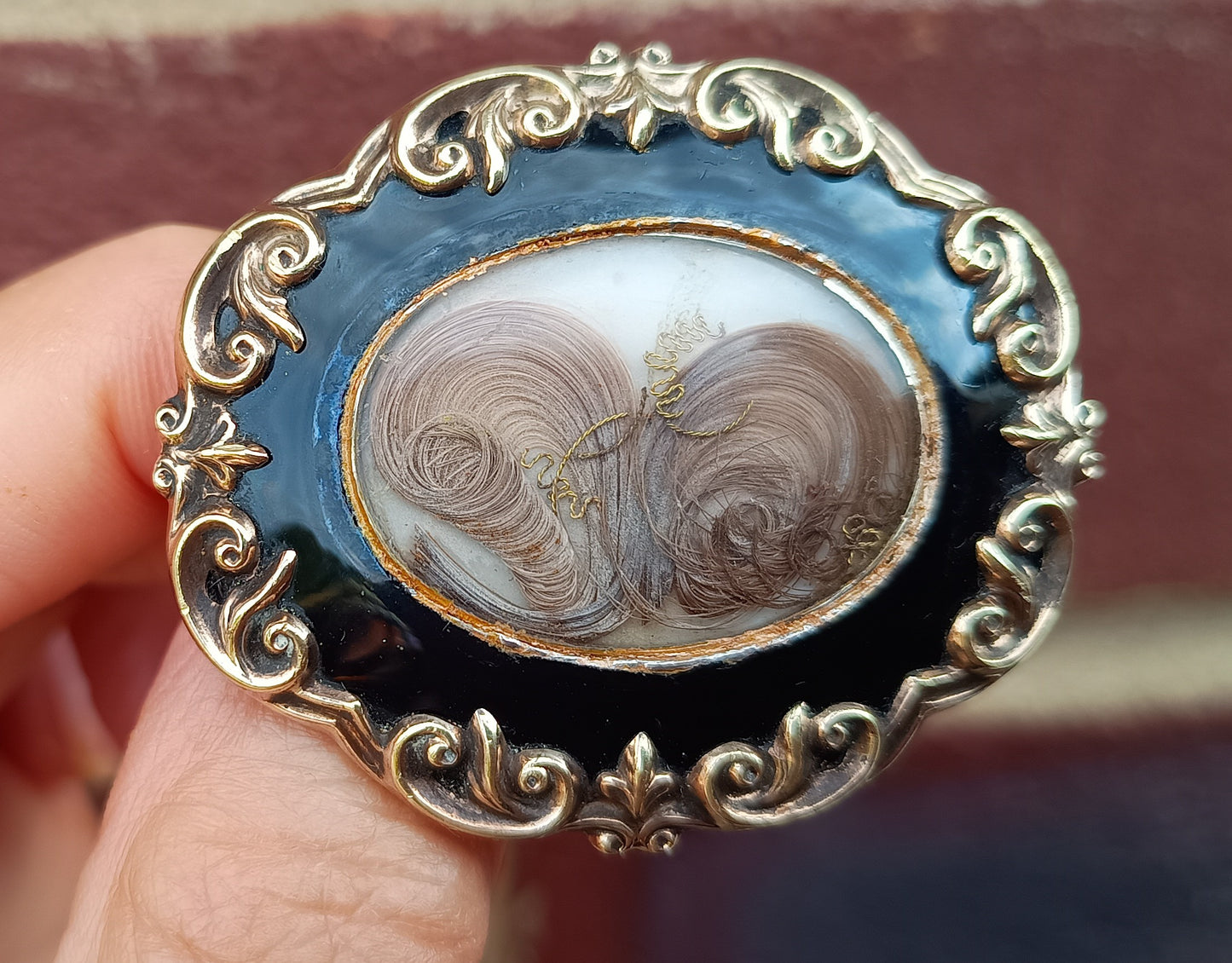 Authentic Victorian Gothic Mourning Brooch c.1860, Pinchbeck & Black Enamel Hairwork Locket