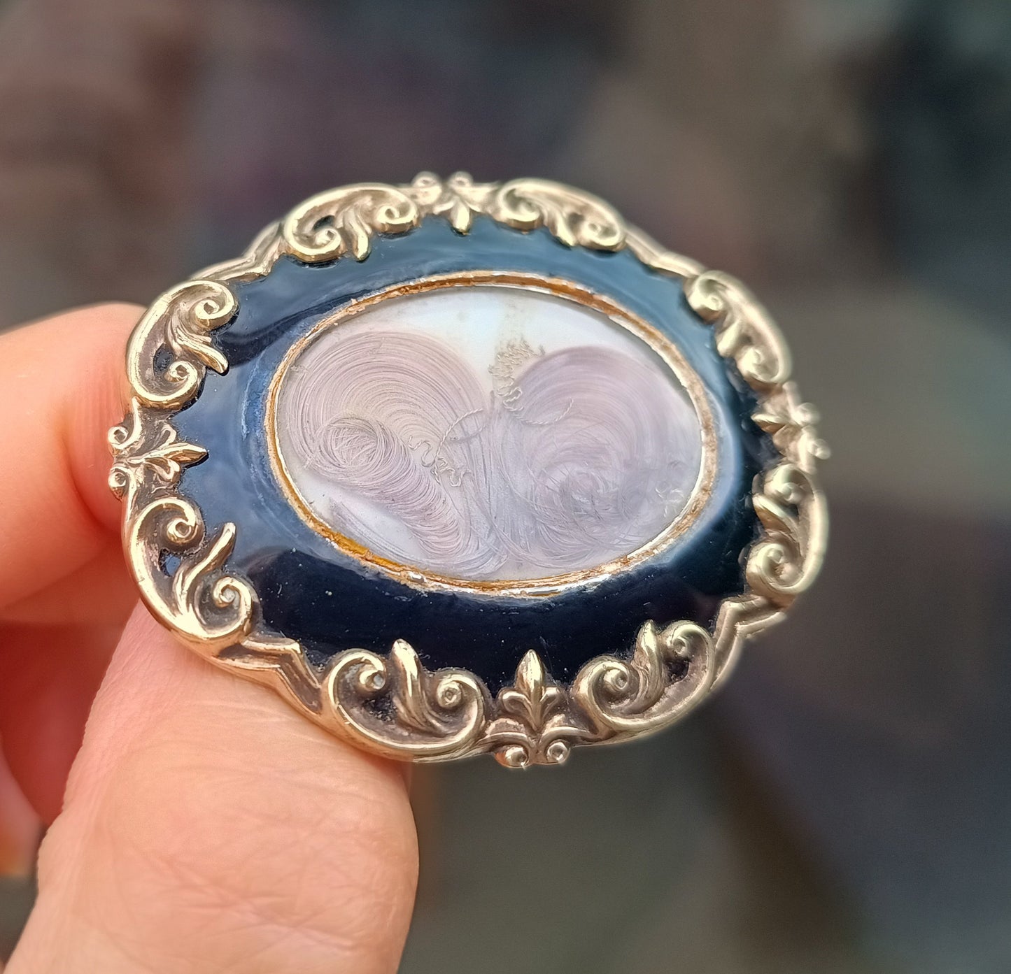 Authentic Victorian Gothic Mourning Brooch c.1860, Pinchbeck & Black Enamel Hairwork Locket