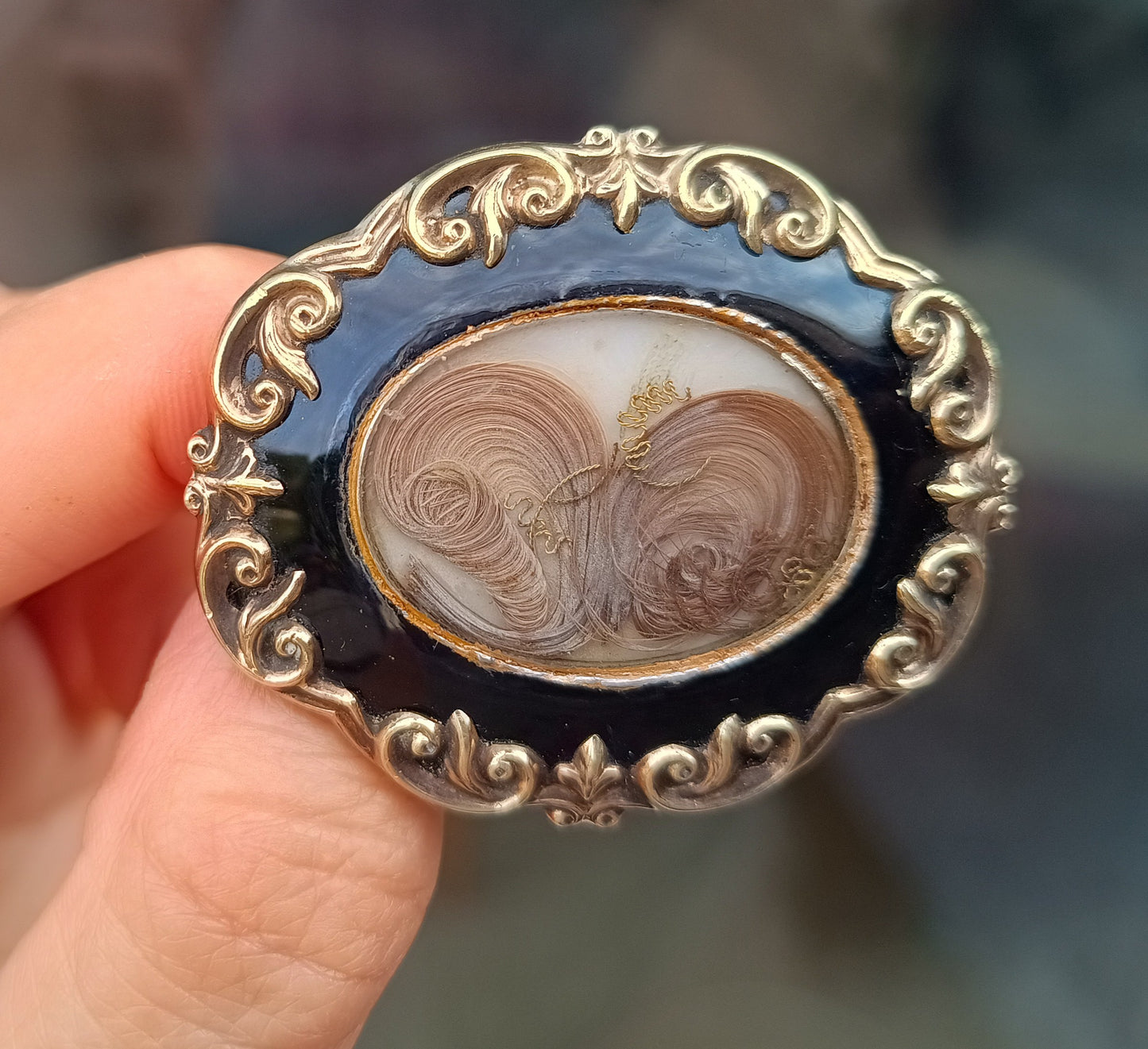 Authentic Victorian Gothic Mourning Brooch c.1860, Pinchbeck & Black Enamel Hairwork Locket