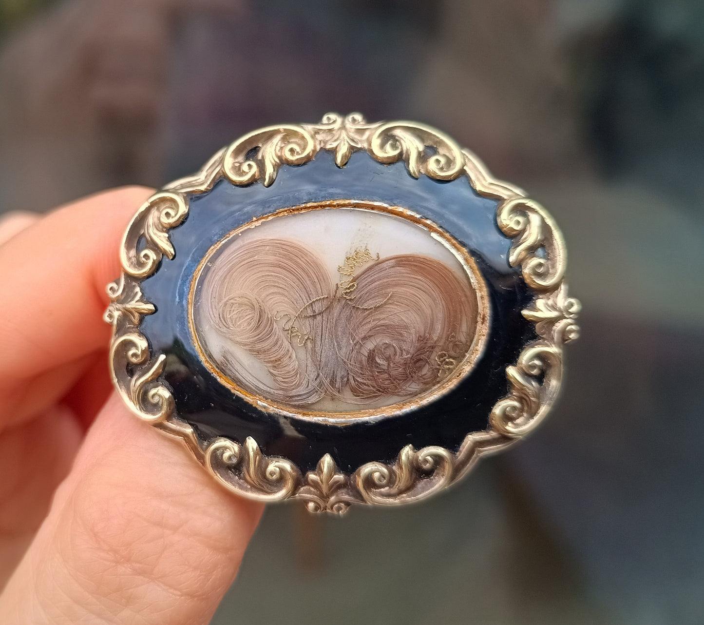Authentic Victorian Gothic Mourning Brooch c.1860, Pinchbeck & Black Enamel Hairwork Locket
