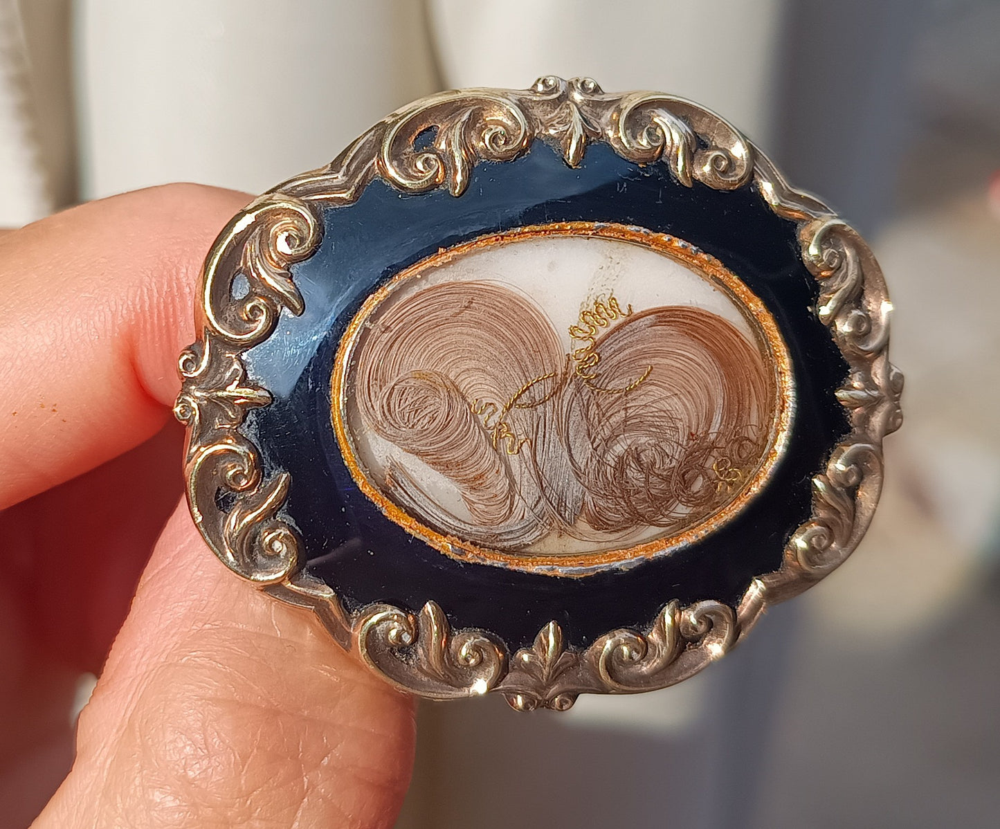Authentic Victorian Gothic Mourning Brooch c.1860, Pinchbeck & Black Enamel Hairwork Locket